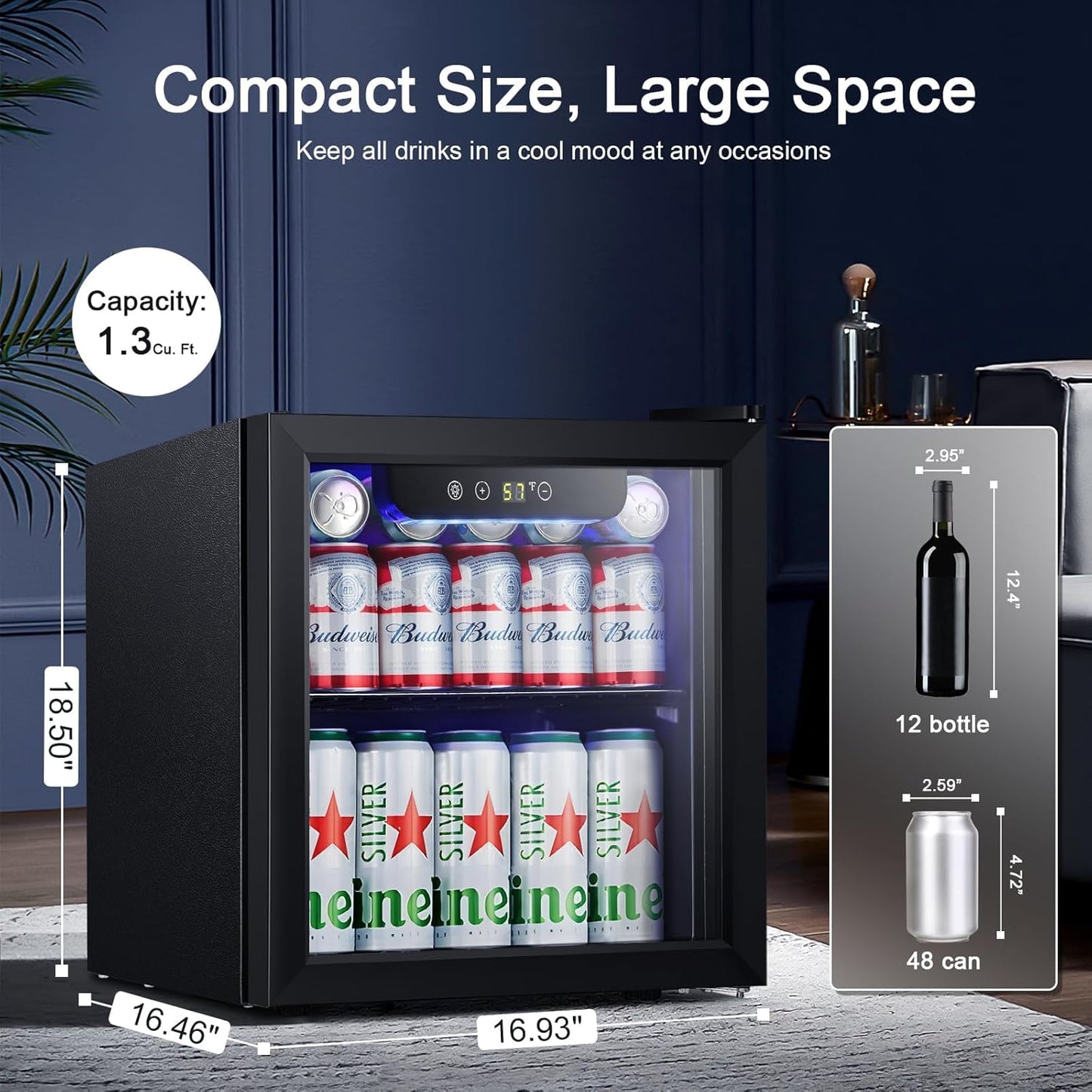 Antarctic Star Mini Fridge Cooler - 12 Bottle 48 Can Beverage Refrigerator Glass Door for Drinks or Beer Wine –Small Drink Dispenser for Home, Office or Bar, Electronic Temperature Control，1.3cu.ft.