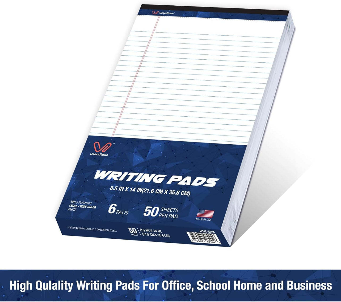 Woodlake Legal Pads 8.5 "x 14" – 6‑Pack, Wide Ruled, Premium White Paper Pad No ink Bleed, Micro‑Perforated Writing Pads,50 Sheets, Legal Size Note pads for School, Office & Home, Made in USA