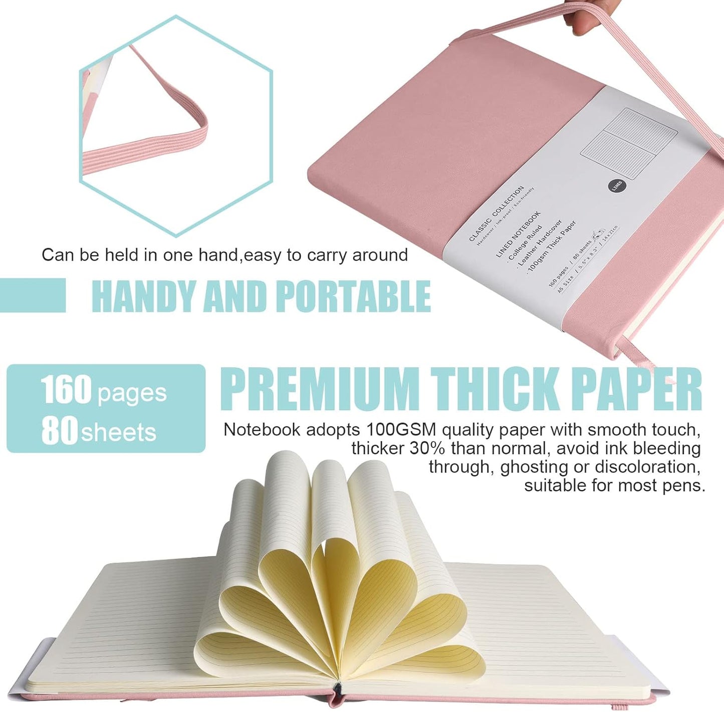 Lined Journal Notebook, (pink), 160 Pages, Medium 5.7 inches x 8 inches - 100 gsm Thick Paper, Hardcover