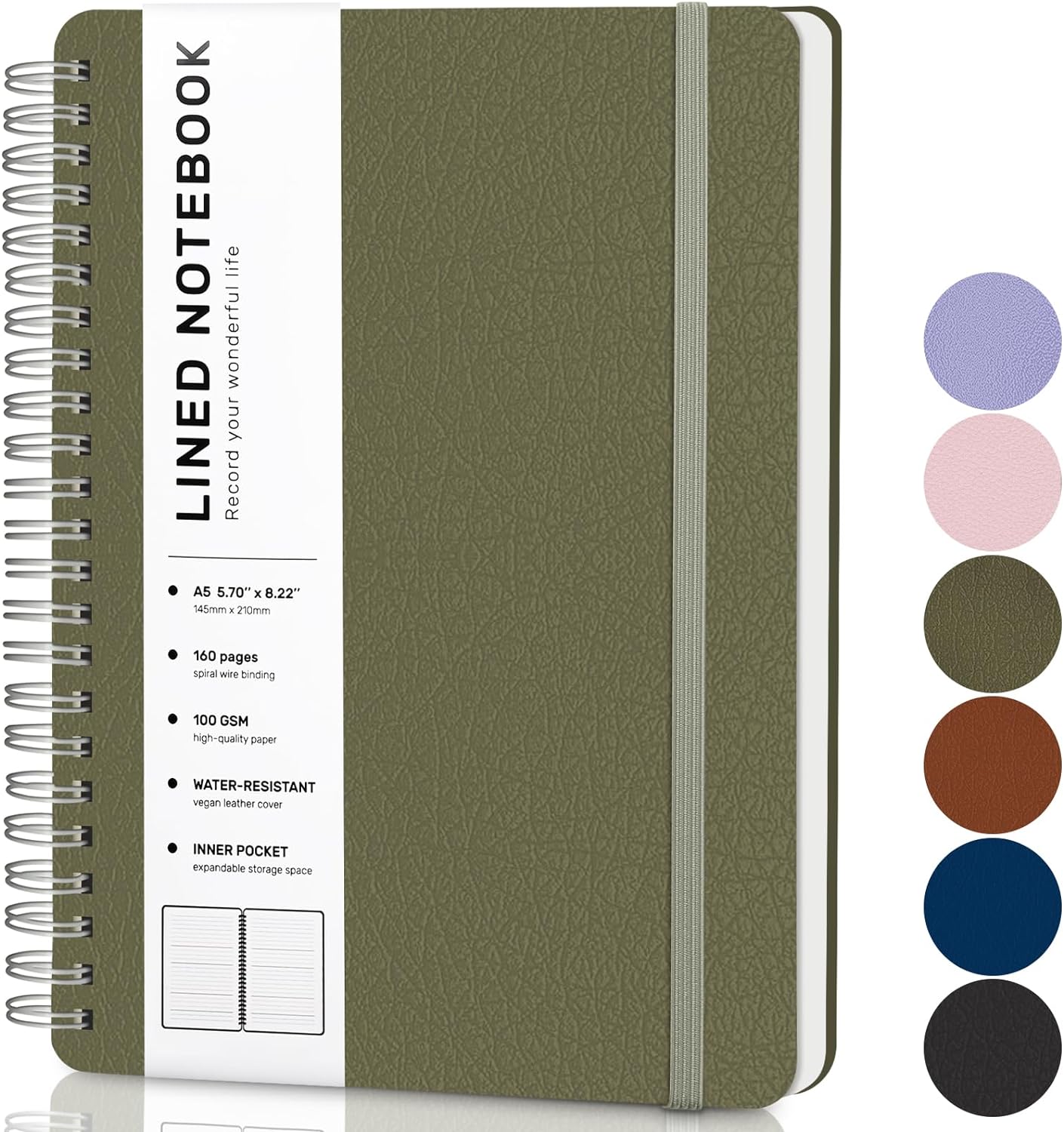 Lined Spiral Journal Notebook, A5 Hardcover Leather Notebook for Work, 5.7''×8.2'', 100GSM Thick Paper Spiral Bound Journaling Notebooks for Women & Men Office School Note Taking Business, Green