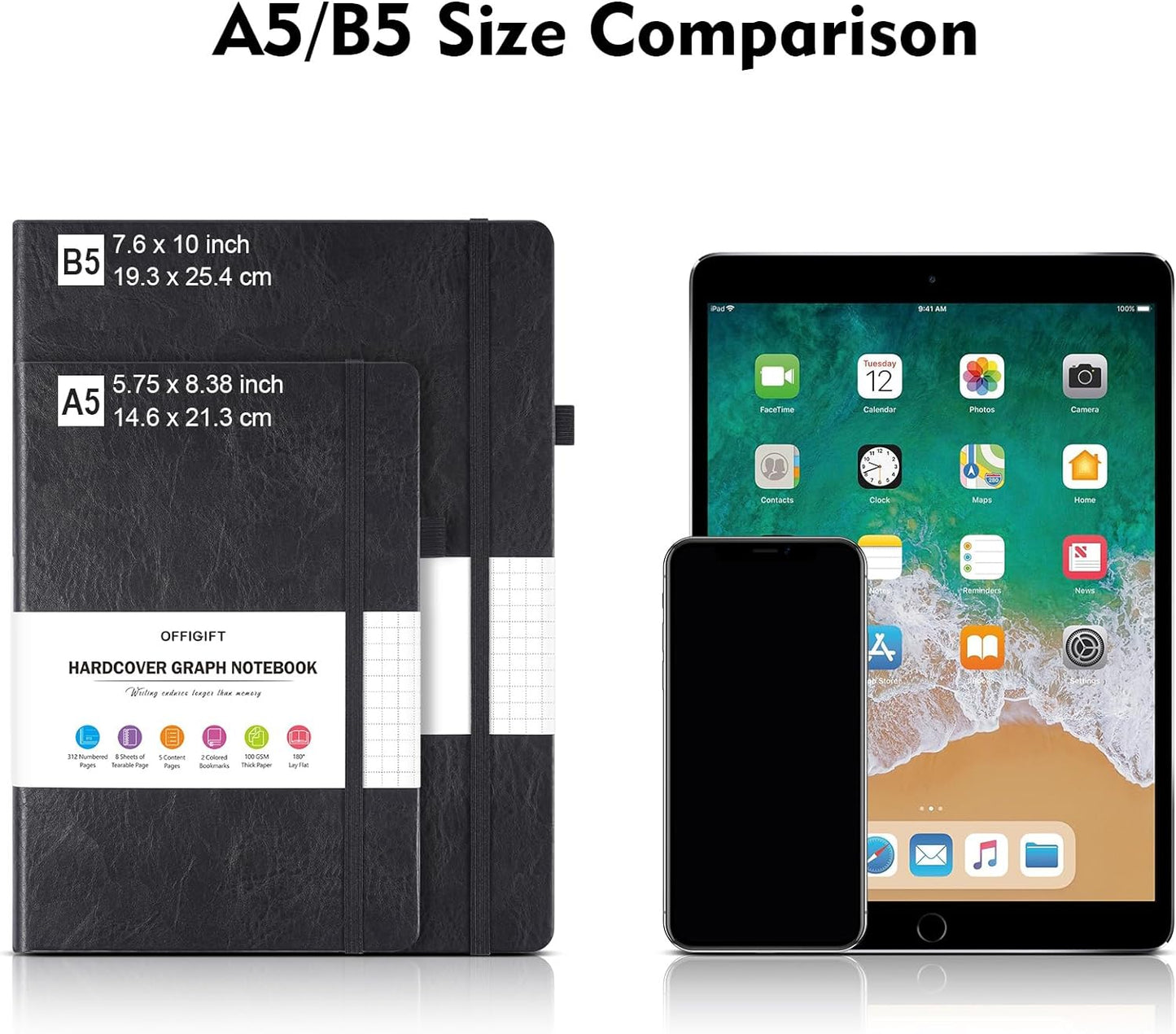 Graph Paper Notebook, 312 Numbered Pages Large A4 Hardcover Leather Journal, 100gsm No Bleed Grid Paper Notebook with Index Pages, Squared Grid Notebook for Graphing Notes Math, 8.5'' × 11'', Black