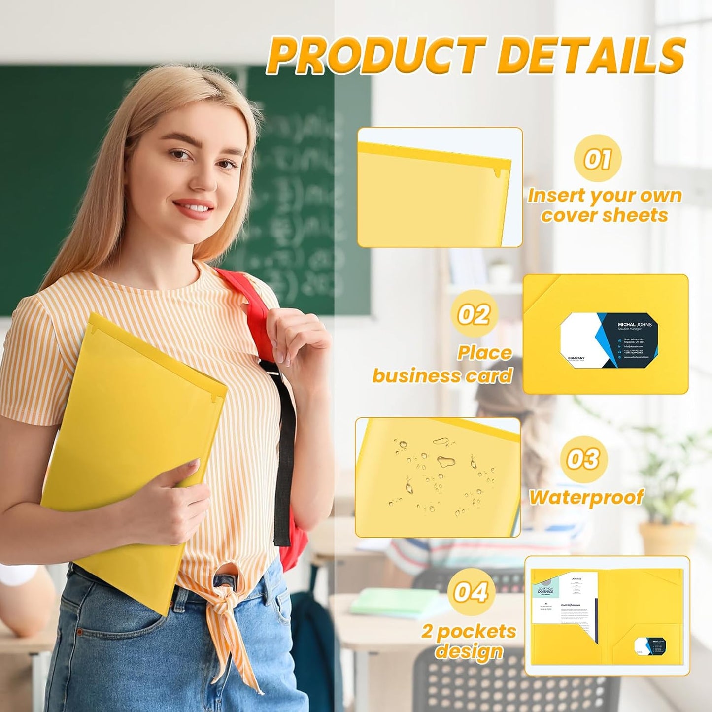 Henoyso 60 Pcs Plastic Folders with Clear Front Pockets Heavy Duty File Folders with 2 Pockets and Card Slot for Student Communication School Office Presentation Report (Yellow)