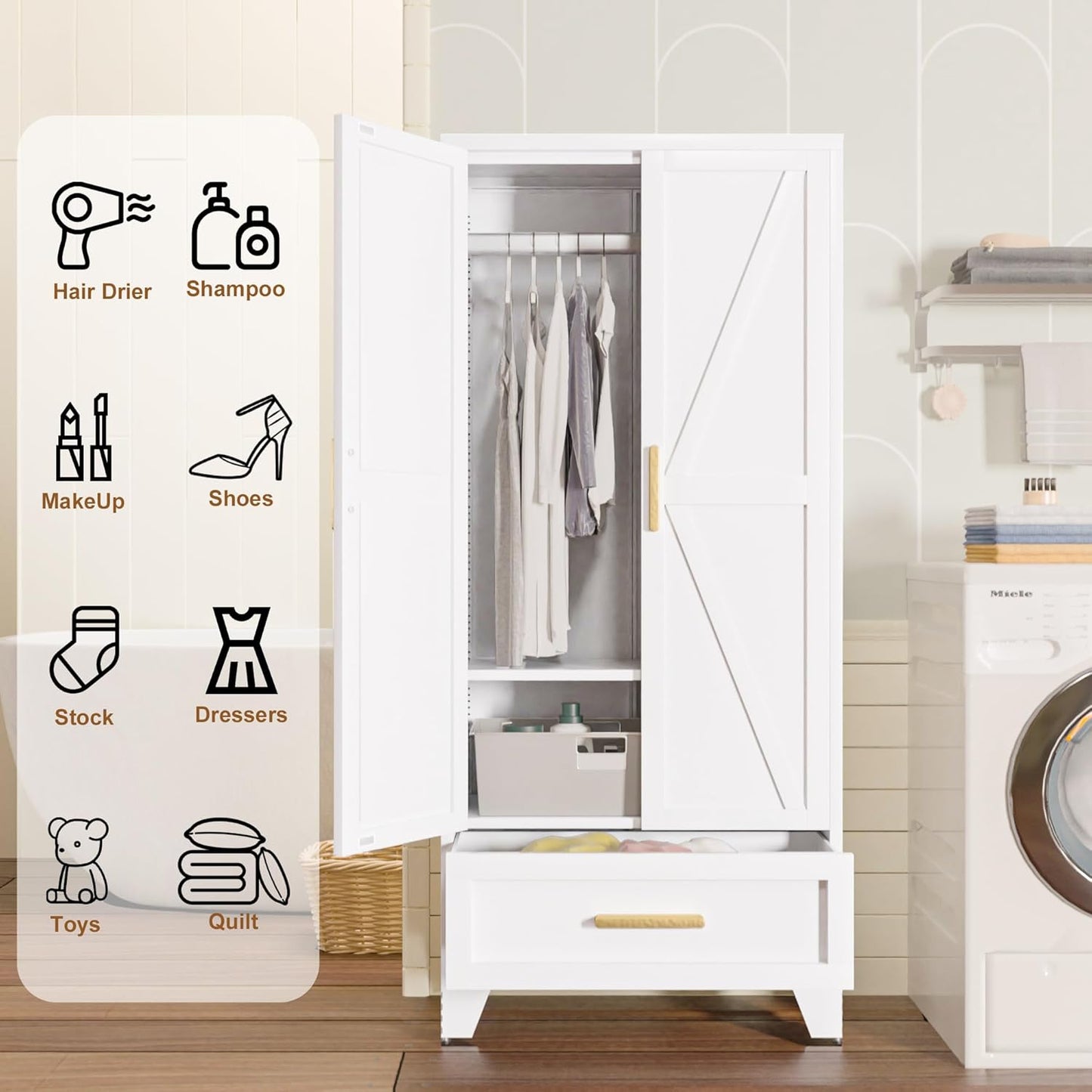 Metal Wardrobe Cabinet,71 Armoire Wardrobe Closet with Drawers and Hanging Rod,Metal Armoire with Adjustable Shelves for Closet,Bedroom,Farmhouse Storage Cabinet with Drawer(White)