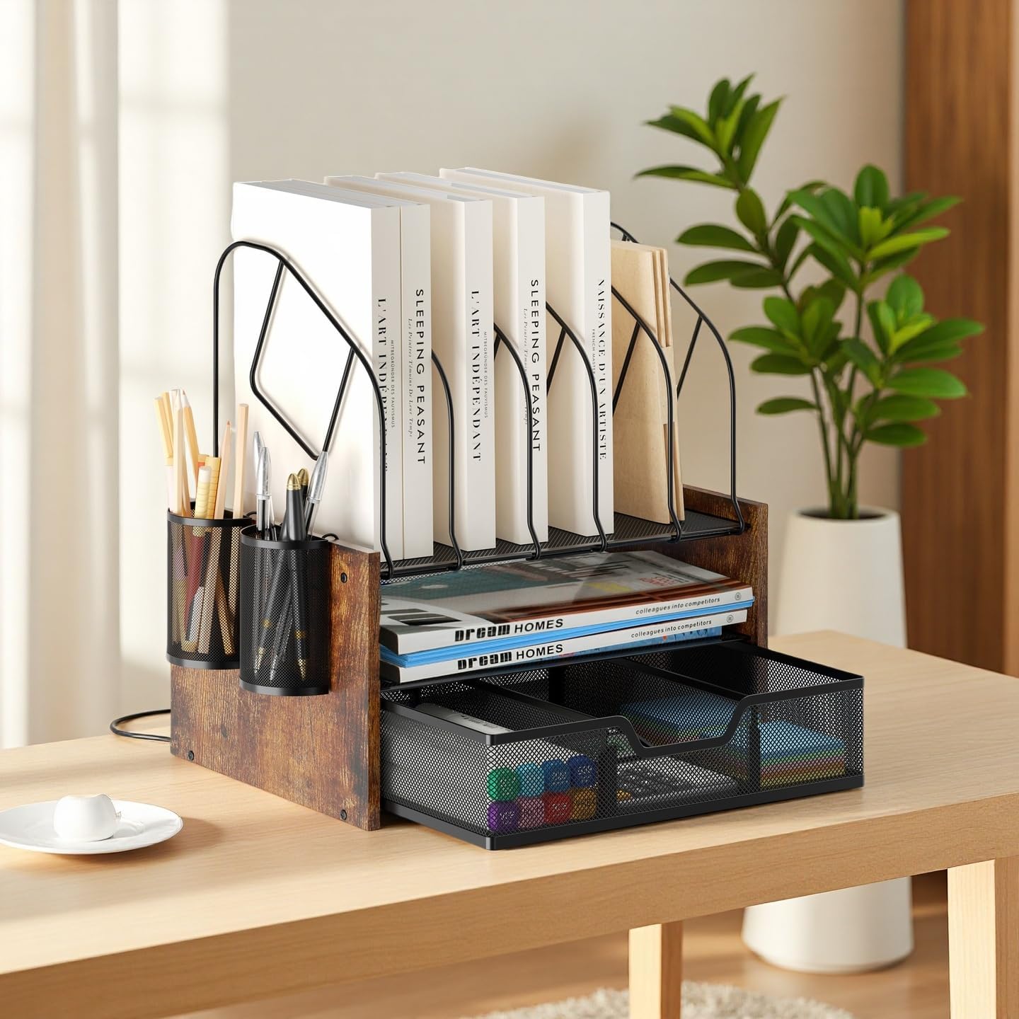 Wood Desk Organizer - 2-Tier Desktop File Organizer with Drawer with Vertical File Holder, Wooden Paper Tray, Office Desk Organzier and Accessories for Papers, Mail, Notebooks, Stationery