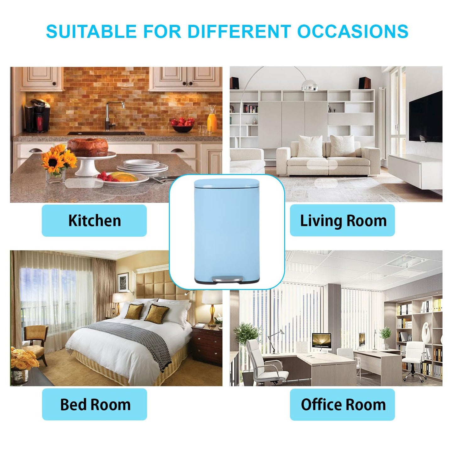 PayLessHere Stainless Steel Trash Can with Lid - Removable Inner Bucket, Foot Pedal Soft Close for Office, Home, Kitchen Garbage Bin (Blue, 13 G)