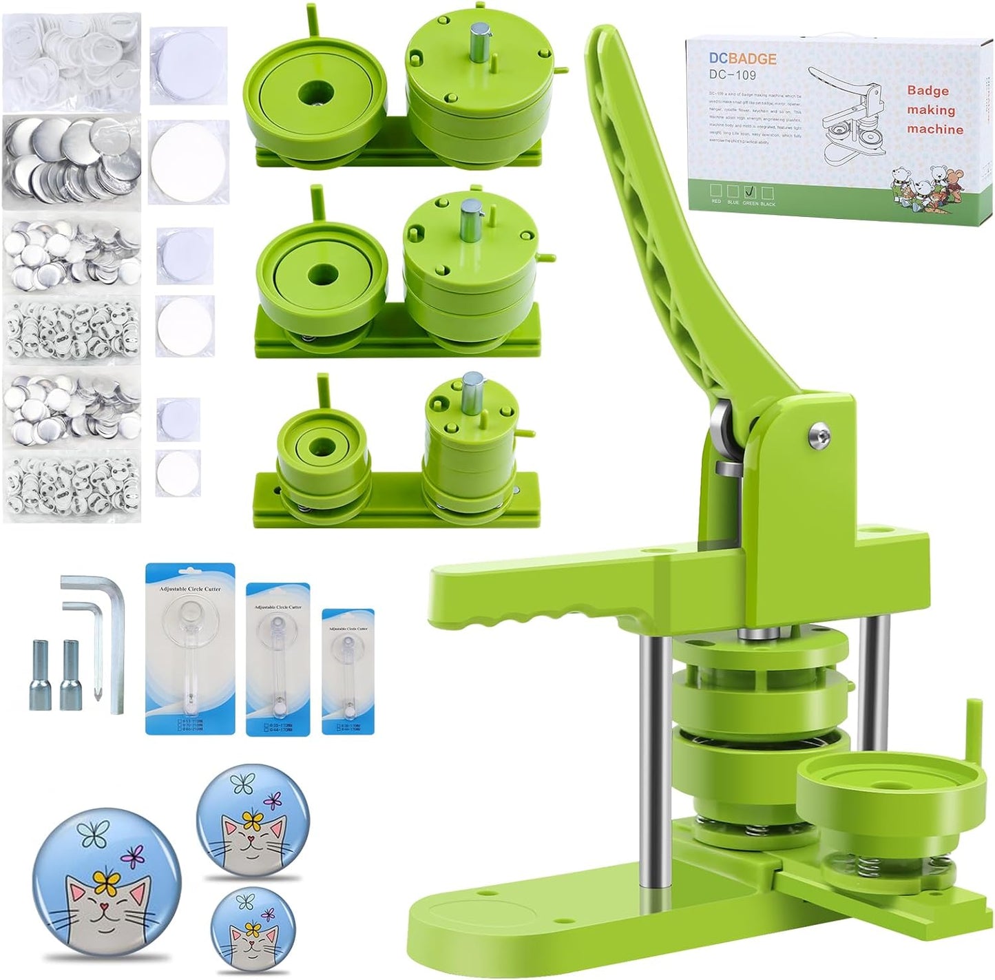 Button Maker Machine Multiple Sizes, DIY Pin Maker Button Press Machine 1.25+2.25+3 Inch, Removable Badge Press Kit with 300 Pcs 32mm+58mm+75mm Badge Supplies&Circle Cutter