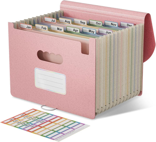 Accordion File Organizer, 13 Pockets Wheat Straw Expanding File Folder, Portable Monthly Paper Bill Tax Receipt Organizer, Letter A4 Size Document Holder with Colorful Tab - Strawberry Pink