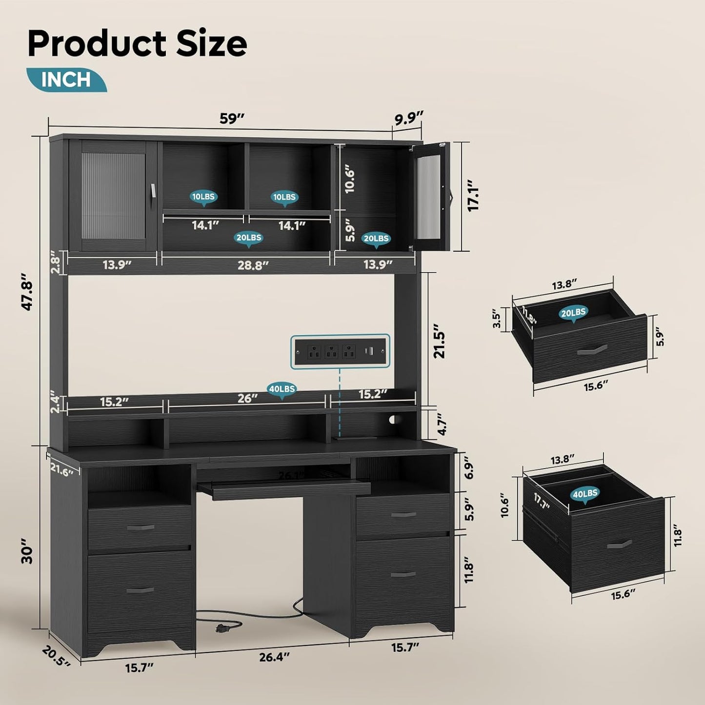Bestier 77.8" H Executive Desk with Hutch, Modern Wood Computer Desk with Drawers, Charging Station, LED Light, Fluted Storage Cabinet, Keyboard Tray, 59" W Office Desk for Home Office, Black