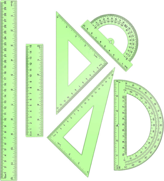Tenare 6 Pcs Plastic Ruler Math Set Includes 12 Inch 6 Inch Straight Protractor Triangle Geometry Transparent Math Ruler Measuring Tools for School Office Home(Green)