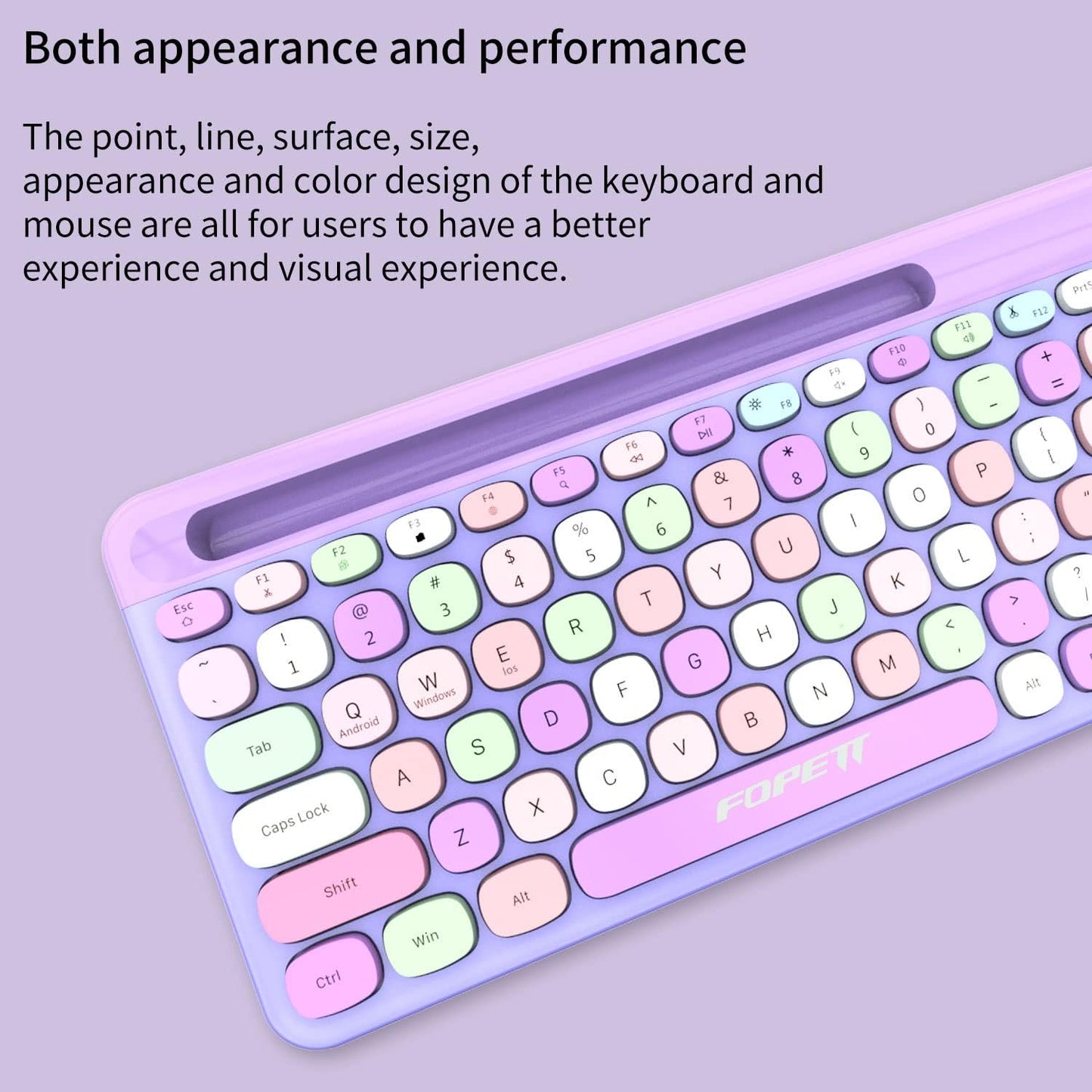 FOPETT Wireless Keyboard and Mouse Combo, 100 Keys Full-Sized 2.4 GHz Round Keycap Colorful Keyboards, USB Receiver Plug and Play, for Windows, Mac, PC, Laptop, Desktop (Purplecolorful)