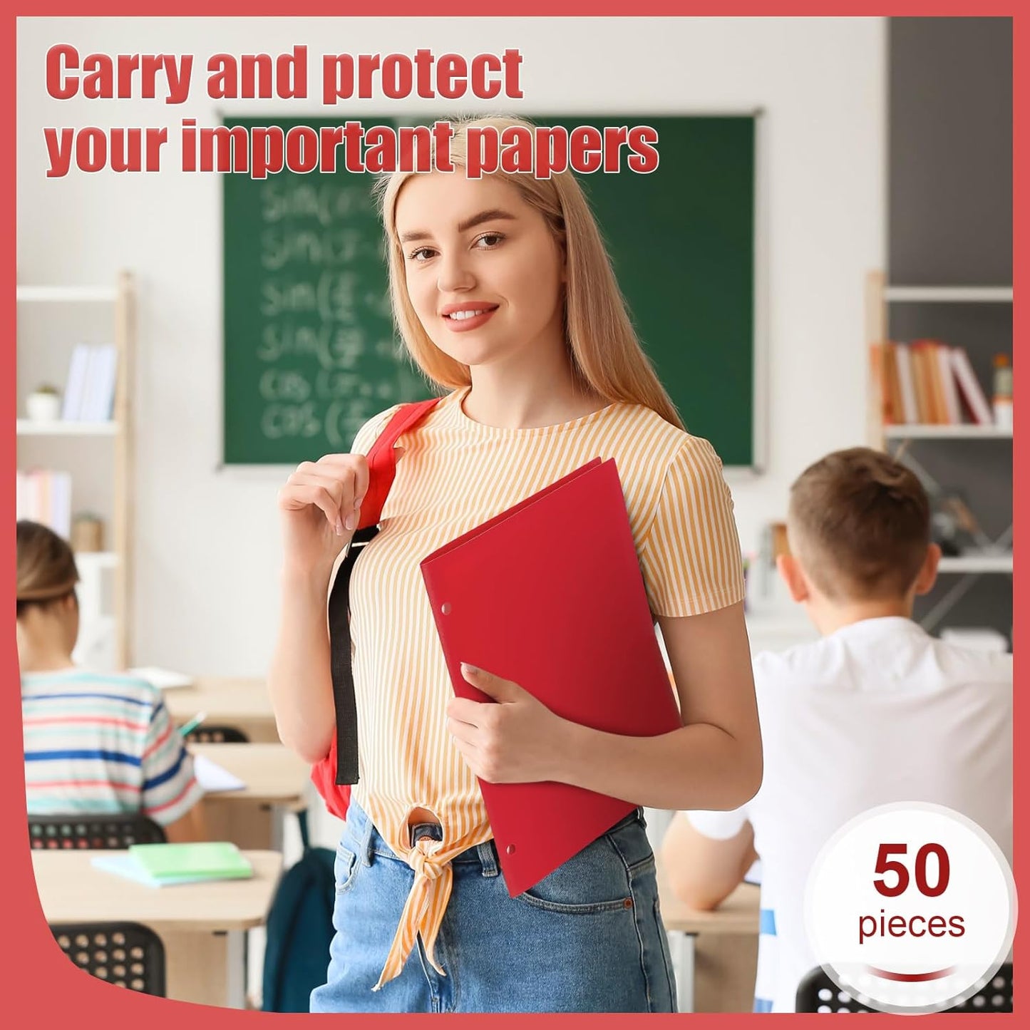 Yeaqee 50 Pcs Plastic Folders with Pockets Bulk 3 Hole Punched 2 Pocket File Folders for 3 Ring Binder Divider Folder for Notebooks, Durable Poly for Office Home (Red)