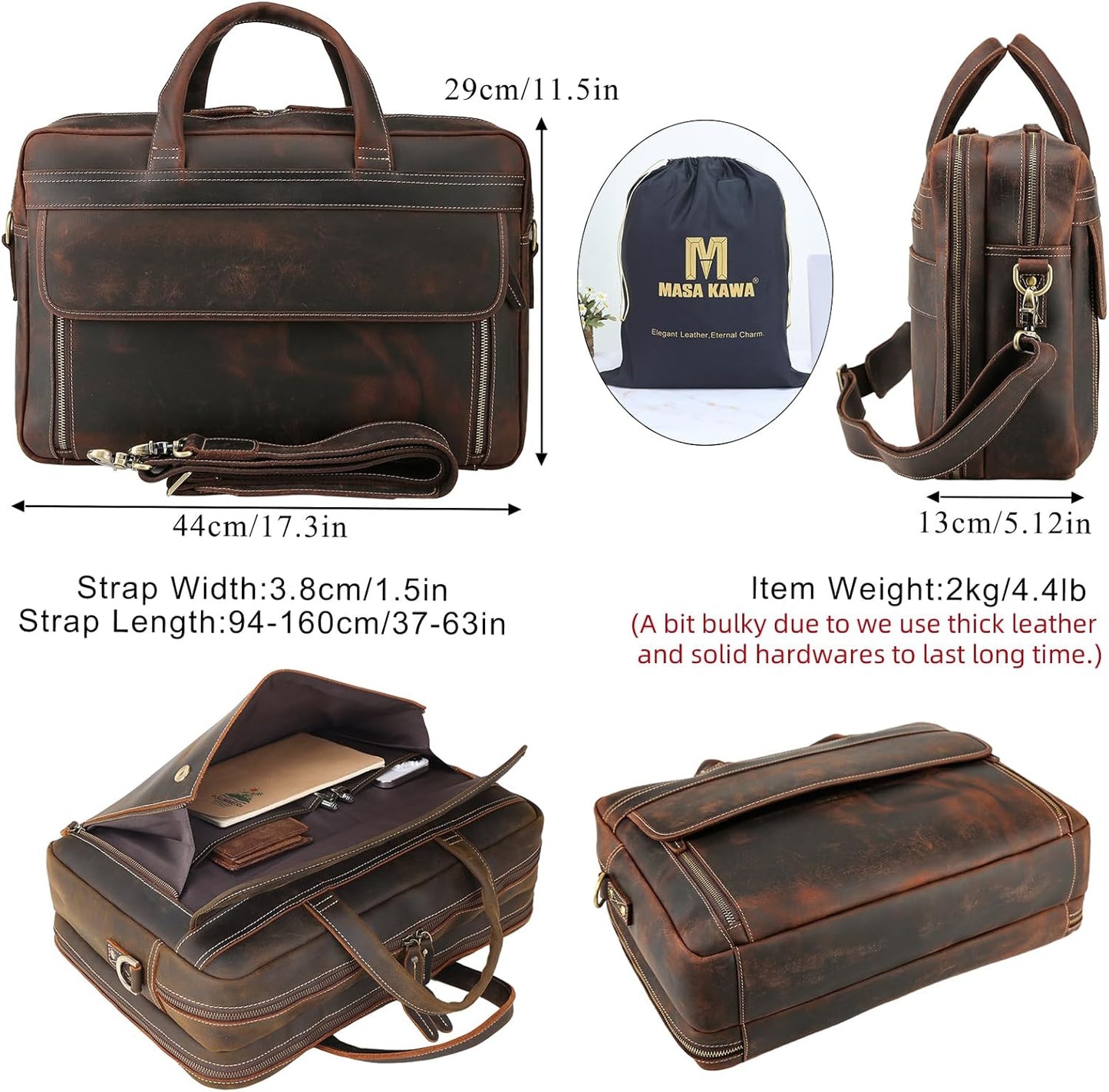 Masa Kawa Leather Briefcase for Men 15.6" - 17" Laptop Computer Case Business Travel Work Messenger Cross Body Shoulder Bag