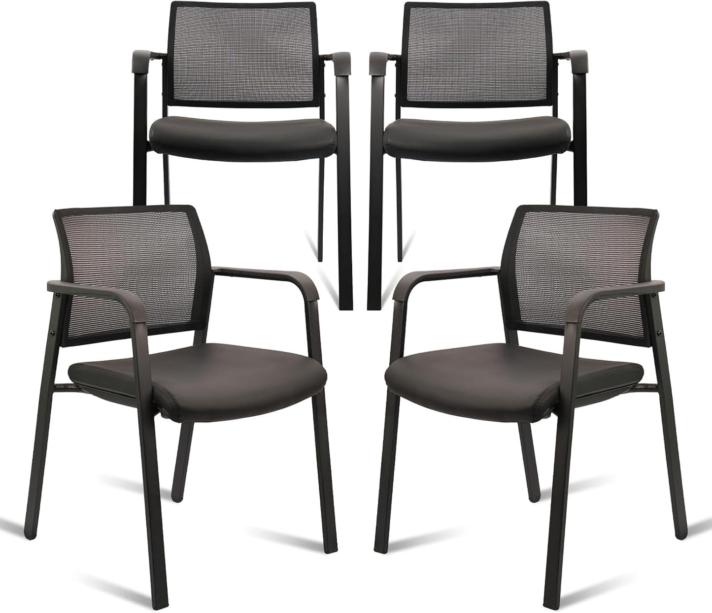 CLATINA Stackable Office Chair, Mesh Back Guest Chairs with Comfortable Leather Seat Arms Stacking Ergonomic Desk Chair No Wheels for Conference Waiting Reception School Stationary, Black, Set of 4