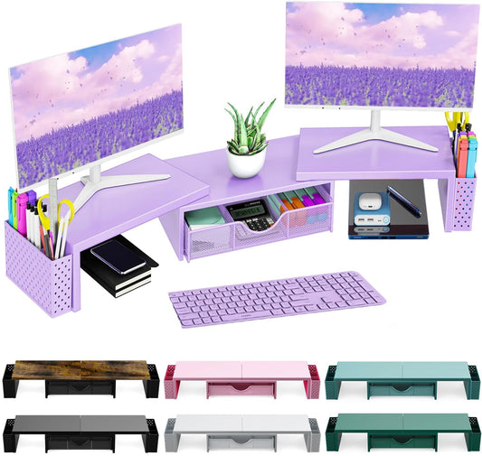Spacrea Metal Desk Organizers and Accessories, Dual Monitor Stand Riser with Drawer and 2 Pen Holders, Desk Accessories & Workspace Desktop Organizers for Office Supplies (Purple)