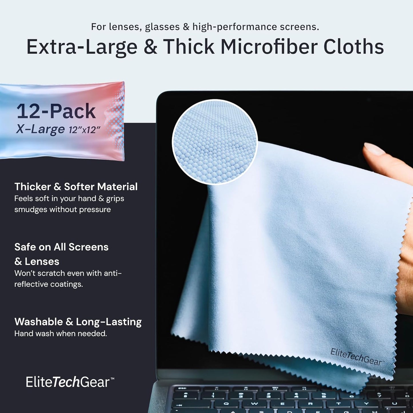 Elite Tech Gear Microfiber Cleaning Cloth 12-Pack - 12"x12" Oversized, Washable & Durable for Glasses, Lenses, Electronics & Screens - High Tech Quality Material