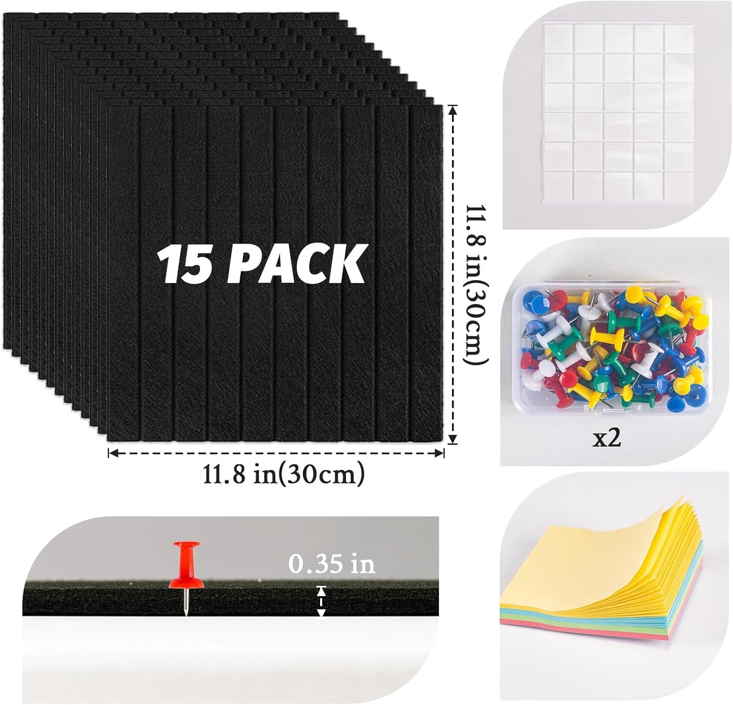 Large Cork Board Alternative, 15 Pack Felt Board with Safe Removable Adhesive Tabs Felt Wall Tiles, Large Cork Boards for Walls, Cork Board for Home Office, Pin Boards for Walls, Stripe Black