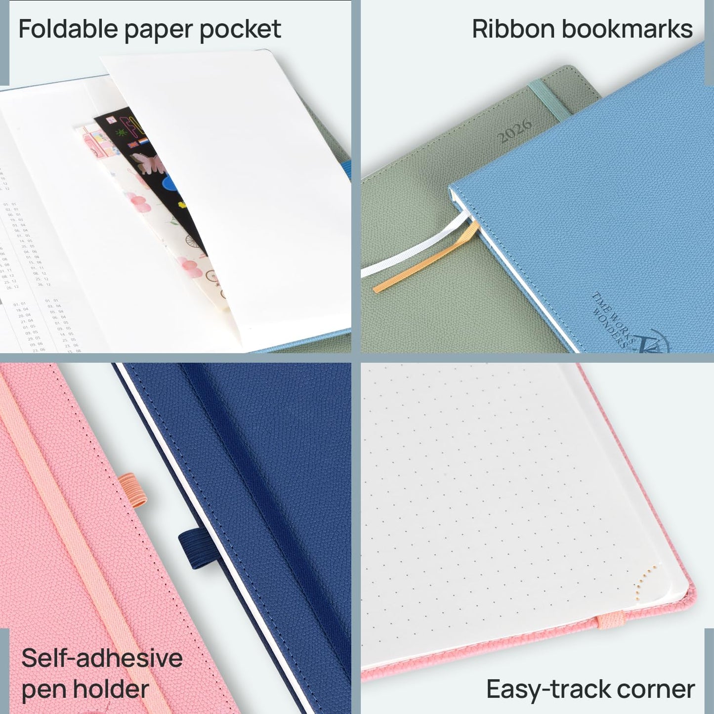 POPRUN Weekly Planner 2026 Calendar (Pocket 4'' x 6.25'') 12 Months Notebook with Horizontal Layout, Leather Hardcover, Inner Pocket, 100GSM Thick Paper, Pen Holder TJ - Soft Pink