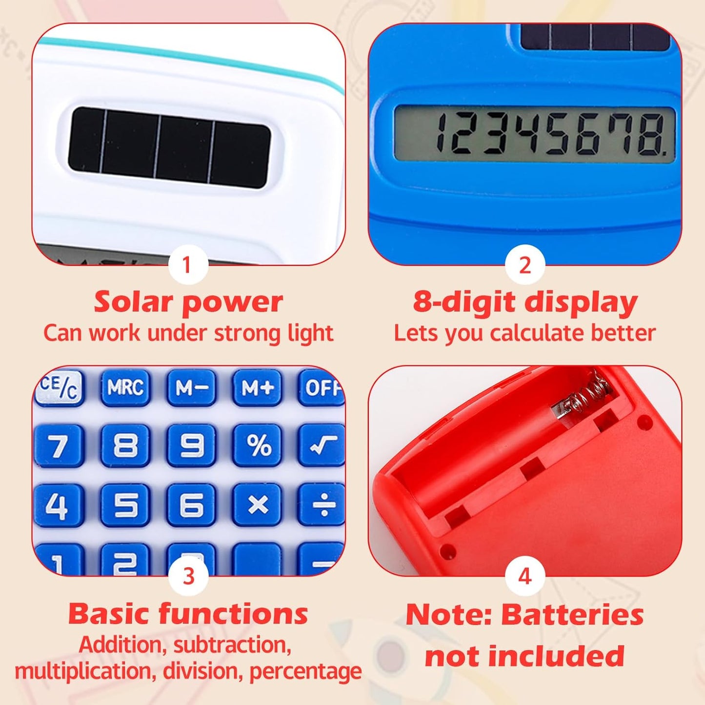 48 Pcs Pocket Calculator,Pocket Size Basic Calculators,8 Digit Display Solar Battery Dual Power Desktop Calculators,Mini Calculator for Students,Home,Office, 3 Styles
