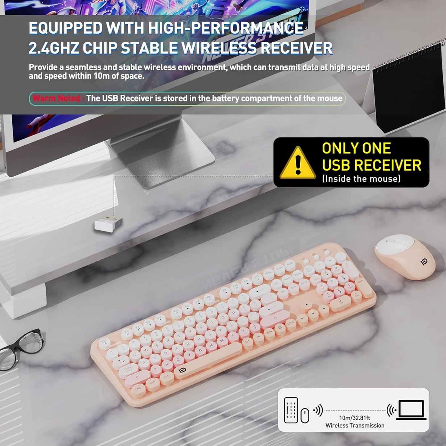 Wireless Keyboard and Mouse Combo, 105 Round Keys Full-Size Cute Colorful Pink Cordless Keyboard and Mouse with Retro Typewriter for PC/Mac/Laptop/Tablet/Computer/Windows Pink