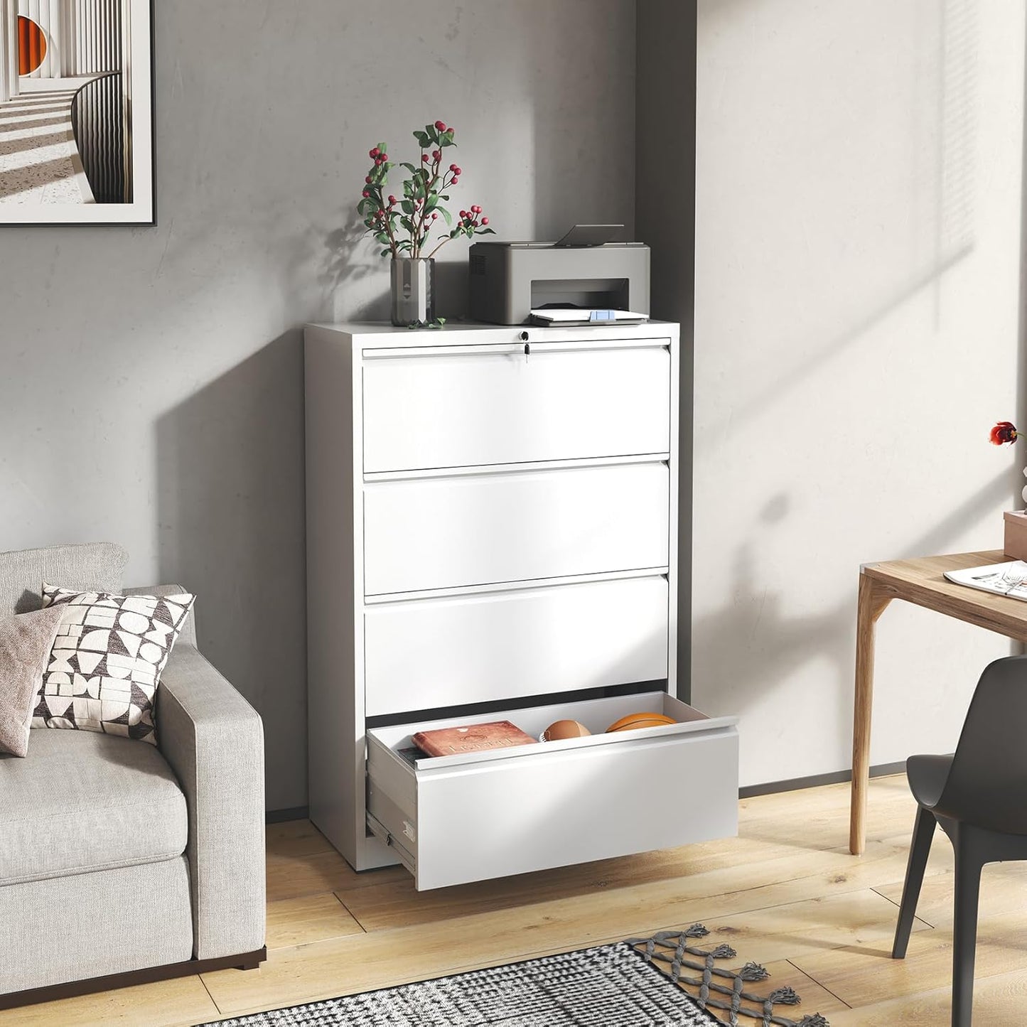 4 Drawer Lateral File Cabinet with Lock, Metal Lateral Filing Cabinet for Home Office, Steel Wide Horizontal Filing Cabinets for Letter/Legal/A4/F4 Hanging Files (White)