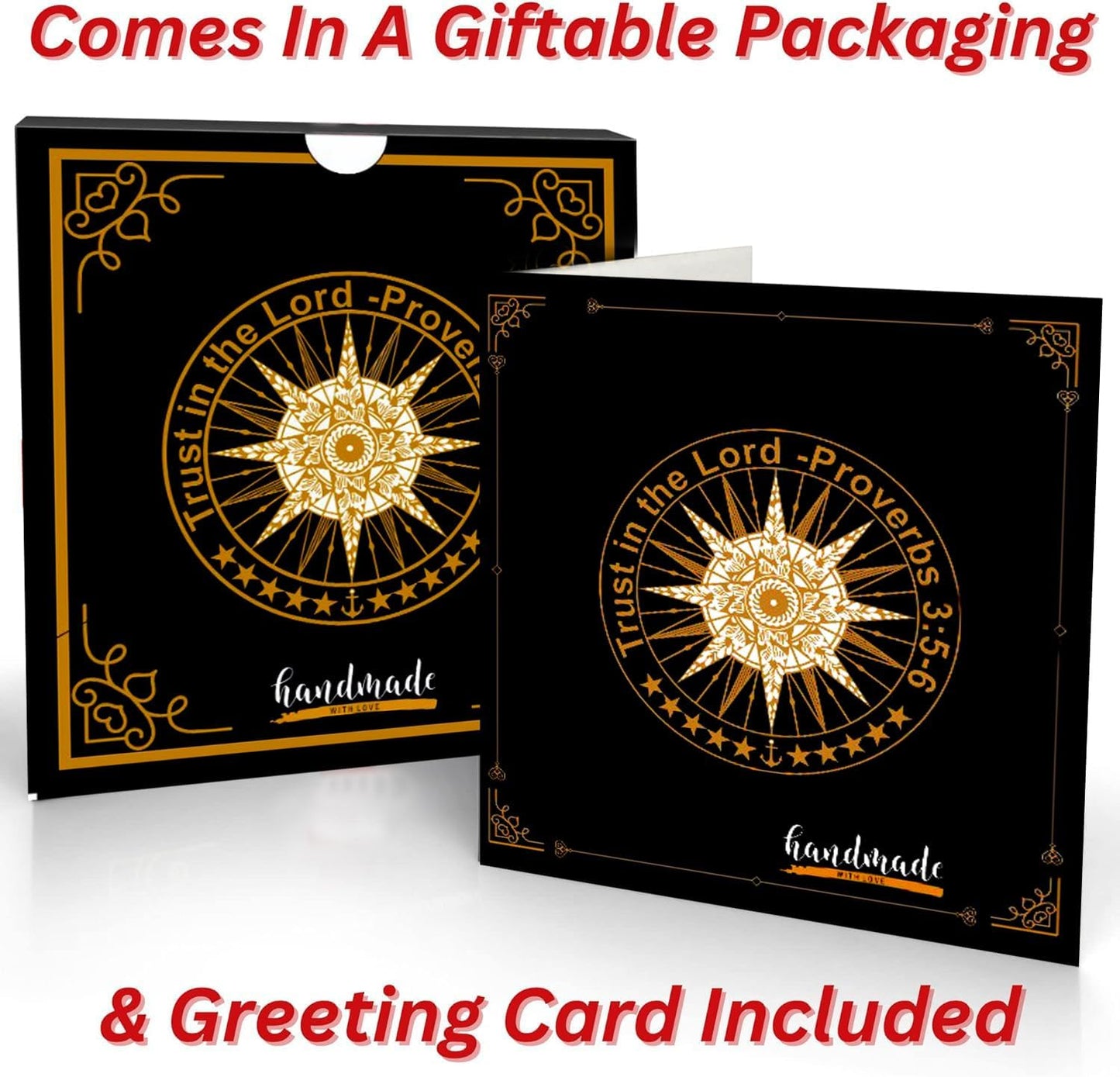 Trust in The Lord With All Your Heart - Proverbs 3:5-6 Quote Engraved Compass With Wooden Box, Greeting Card, Gift Compass, Graduation Day Gifts 2024 for Women Men Boys Girls