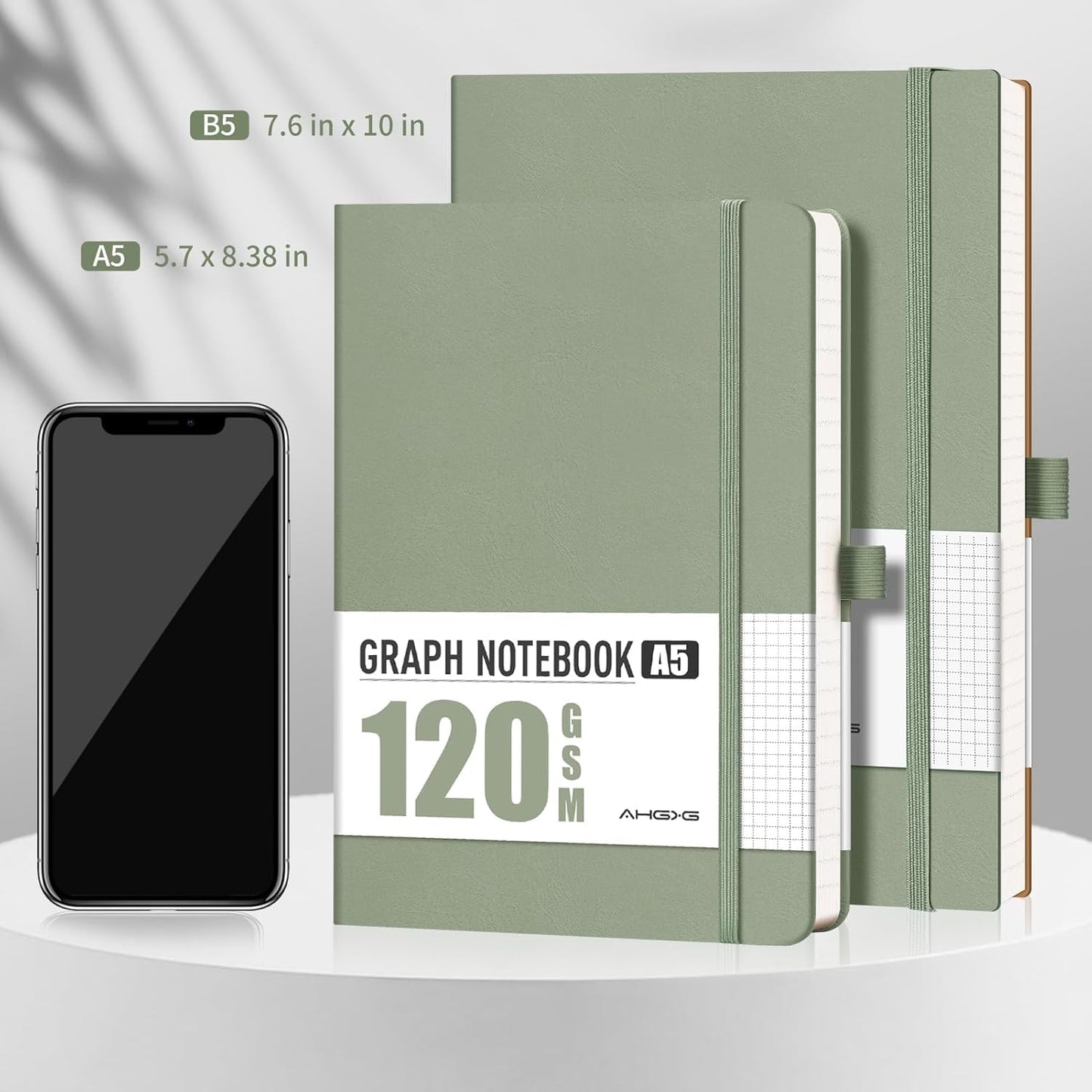 AHGXG Graph Paper Notebook - Grid Notebook Journal, 120 GSM Thick Graph Paper, Large B5 Notebook 96 Pages, Leather Softcover, for Graphing, Writing, Math, Engineering, 7.6'' X 10'' - Sage Green
