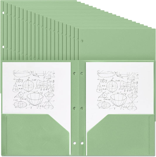 Yeaqee 100 Pcs Plastic Folders with Pockets Bulk 3 Hole Punched 2 Pocket File Folders for 3 Ring Binder Divider Folder for Notebooks, Durable Poly for Office Home (Sage Green)