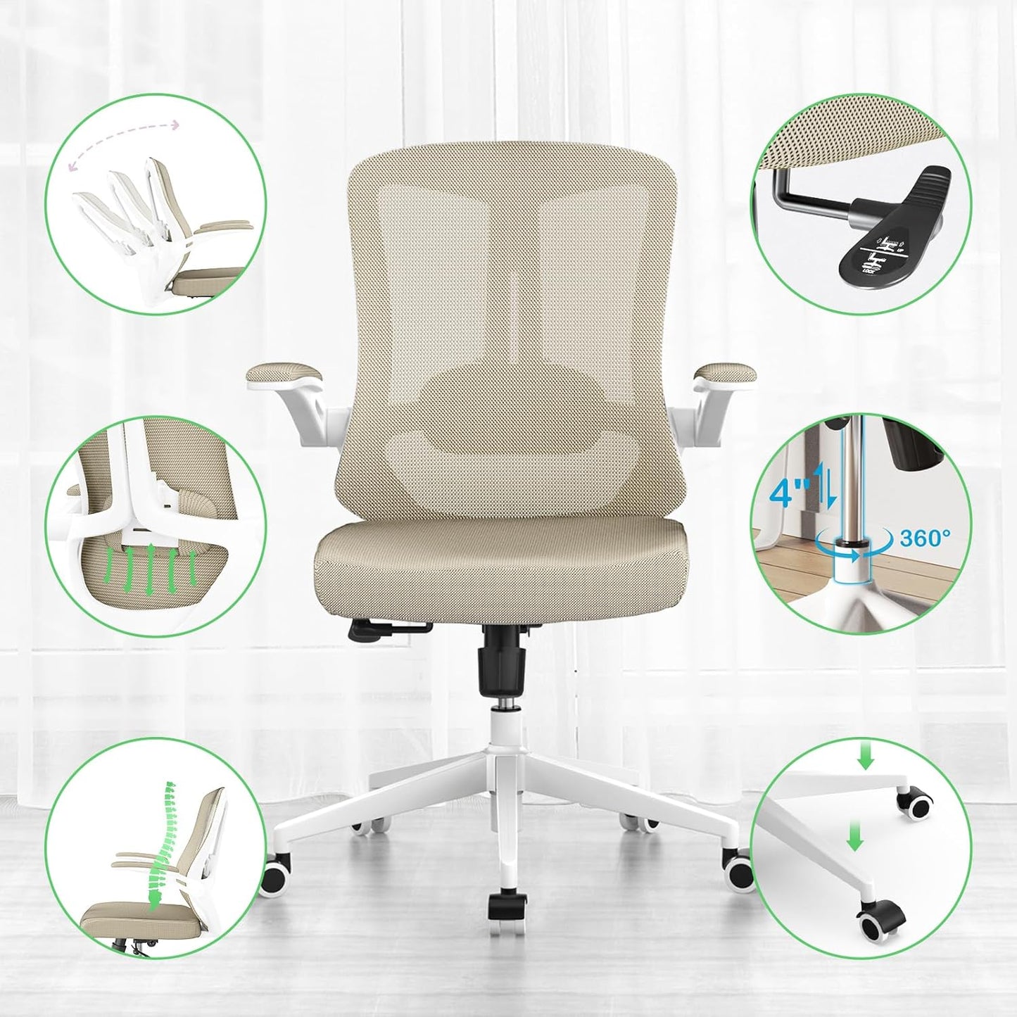 Office Chair, Ergonomic High Back Comfy Desk Chairs and Flip-up Armrest Lumbar, Swivel Tilt Function Backrest Computer Chair,PU Rolling Wheels Capacity 350LBS (Khaki)