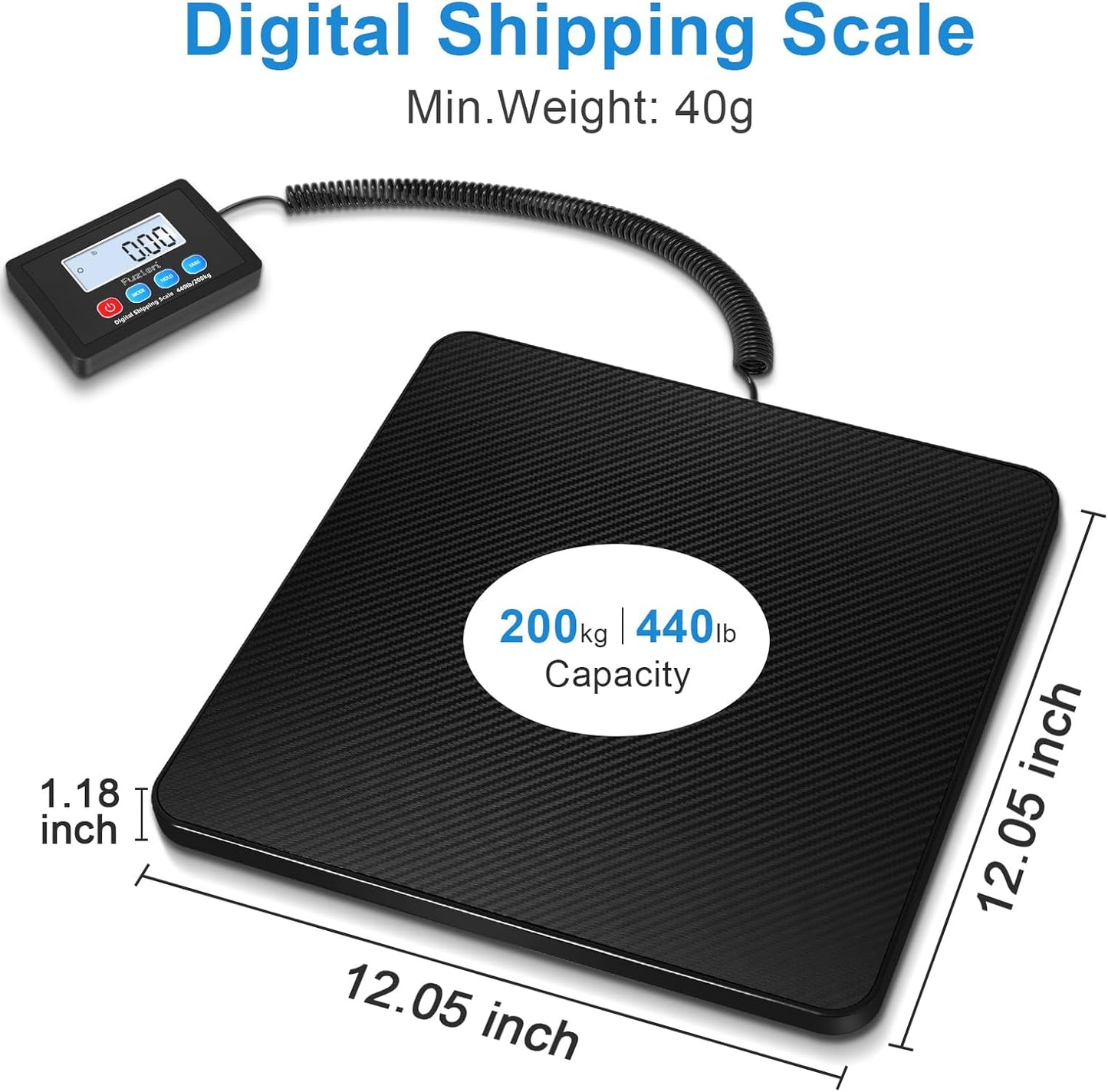 Fuzion Shipping Scale, 440LB x 10g High Accuracy Postal Scale, Hold/Tare Function, Digital Shipping Postal Scale for Packages, Postage, Luggage, Mailing, Battery & AC Adapter Included