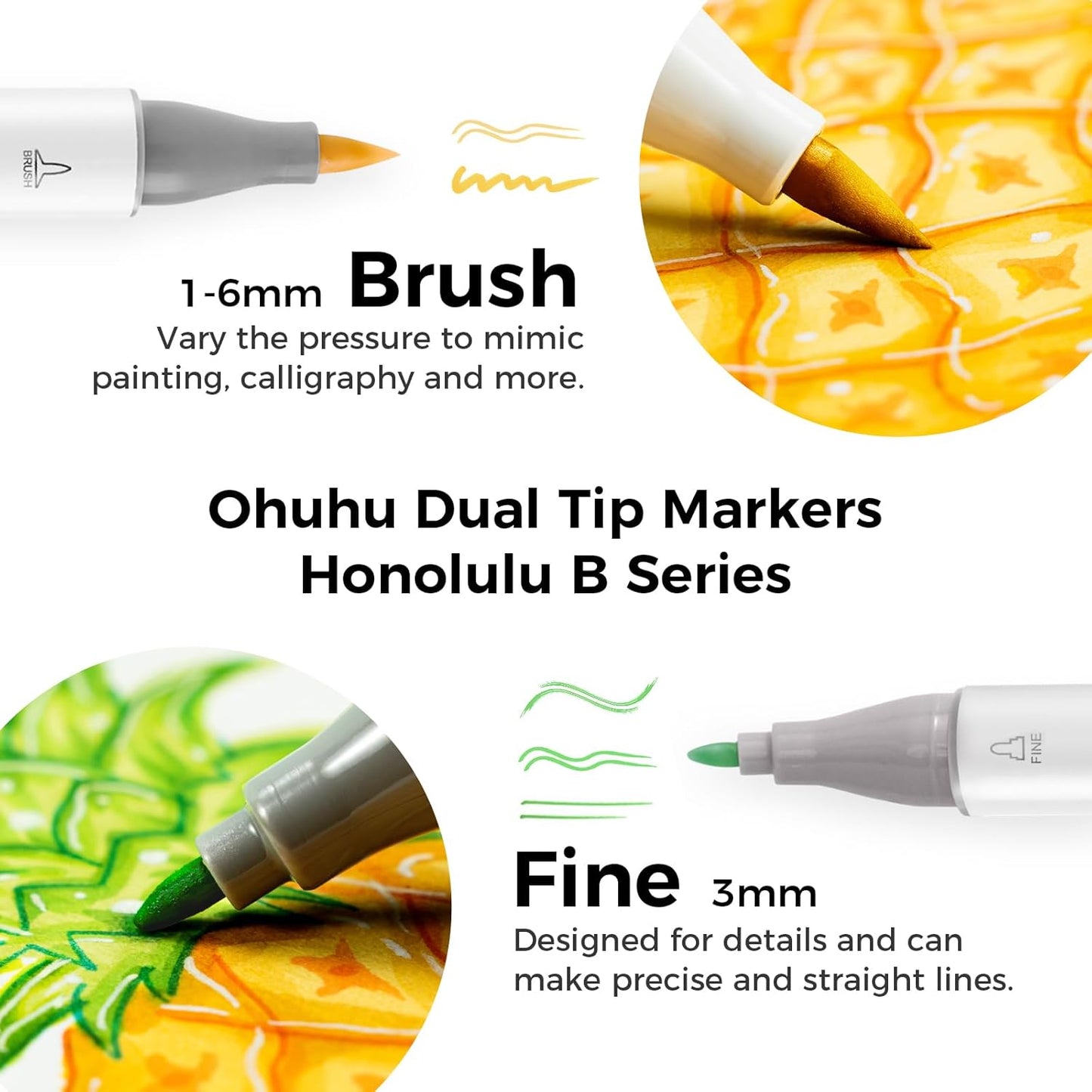 Ohuhu Alcohol Markers Brush Tip -Double Tipped Art Marker Set for Artist Adults Coloring Illustration -120 Colors -Brush &Fine -Honolulu B-Refillable