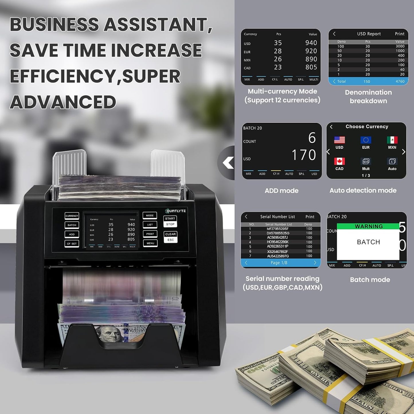 C-N70A Mixed Denomination Money Counter Machine,Value Counting,Multi Currency,CIS/UV/MG/IR Counterfeit Detection Bill Counter,Serial Number,Printer Enabled,Touch Screen,Cash Counter