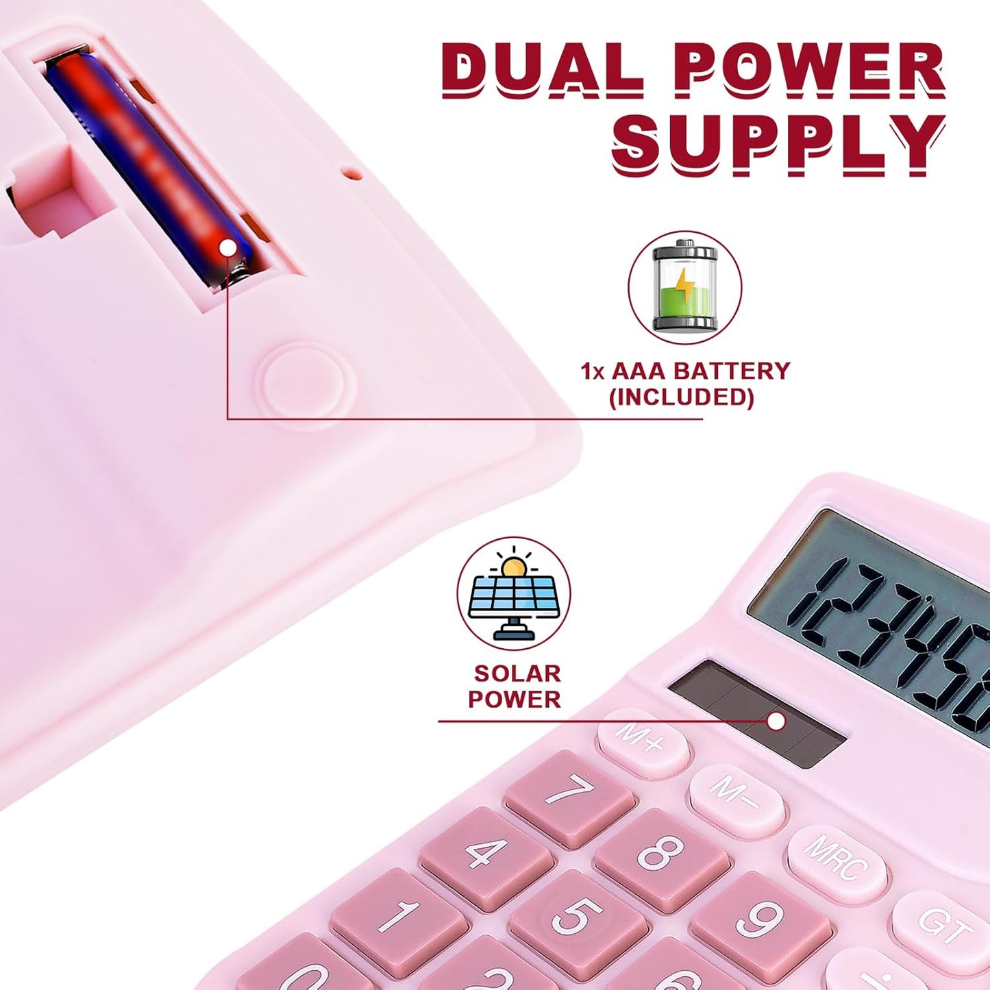 Basic Calculator with Comfortable Large LCD Display, 12 Digits Calculators Desktop, Tilt Screen, Big Button, Desk Calculator with Dual Power (Solar & Battery Included) (Pink)