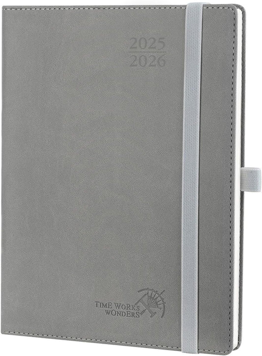 POPRUN Planner 2025-2026 (Medium - 6.5'' x 8.5'') Academic Weekly Calendar (July 2025 - June 2026) with Hourly Time Slots, Monthly Tabs, 100GSM Thick Papers, Leather Soft Cover - Grey