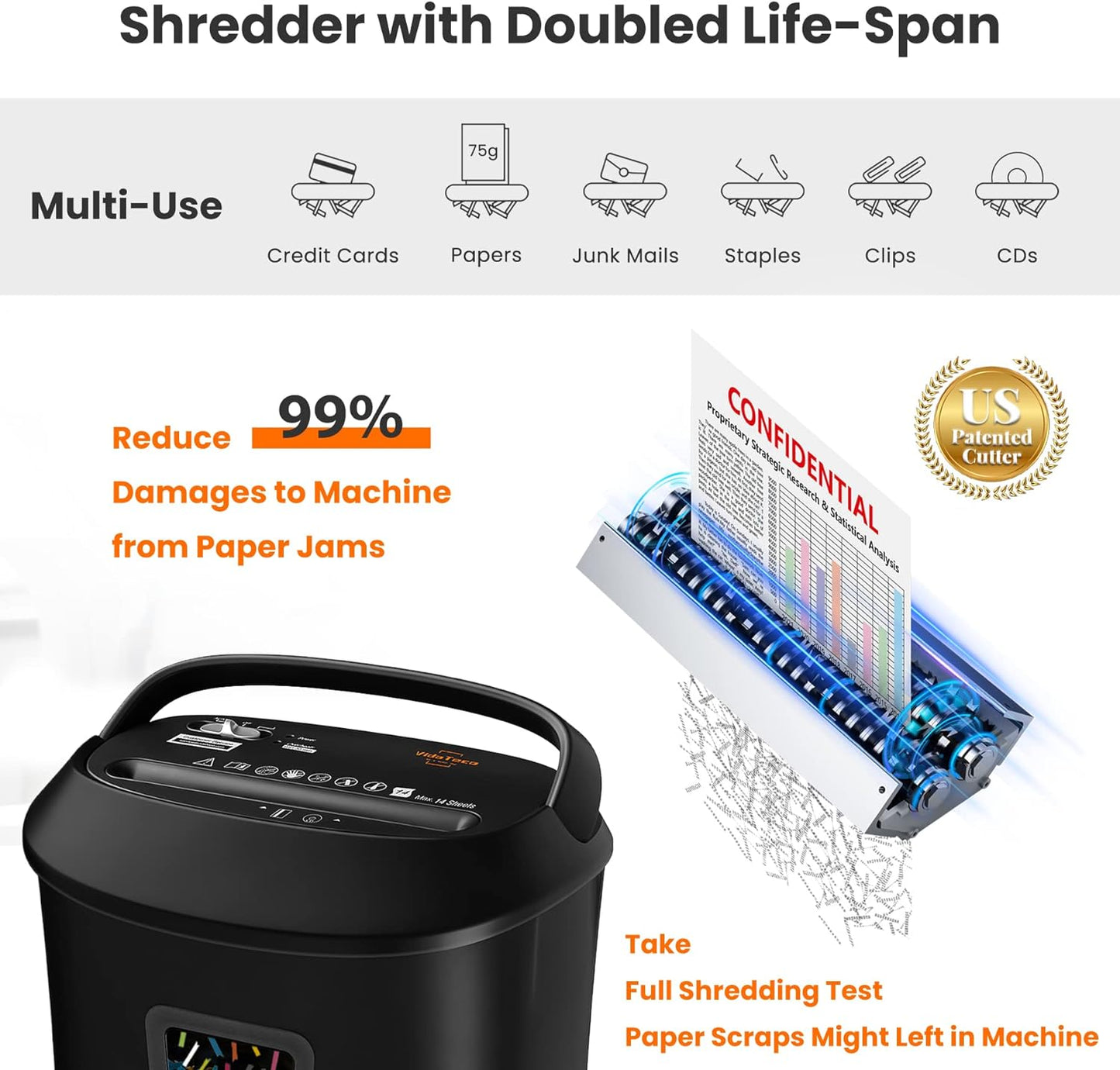 Paper Shredder 58dB 14-Sheet Cross-Cut Shredder with US Patented Cutter Shreds Card/CD, Heavy Duty Paper Shredding Machine for Home Office with Auto Jam Proof,6.6-Gallon Bin