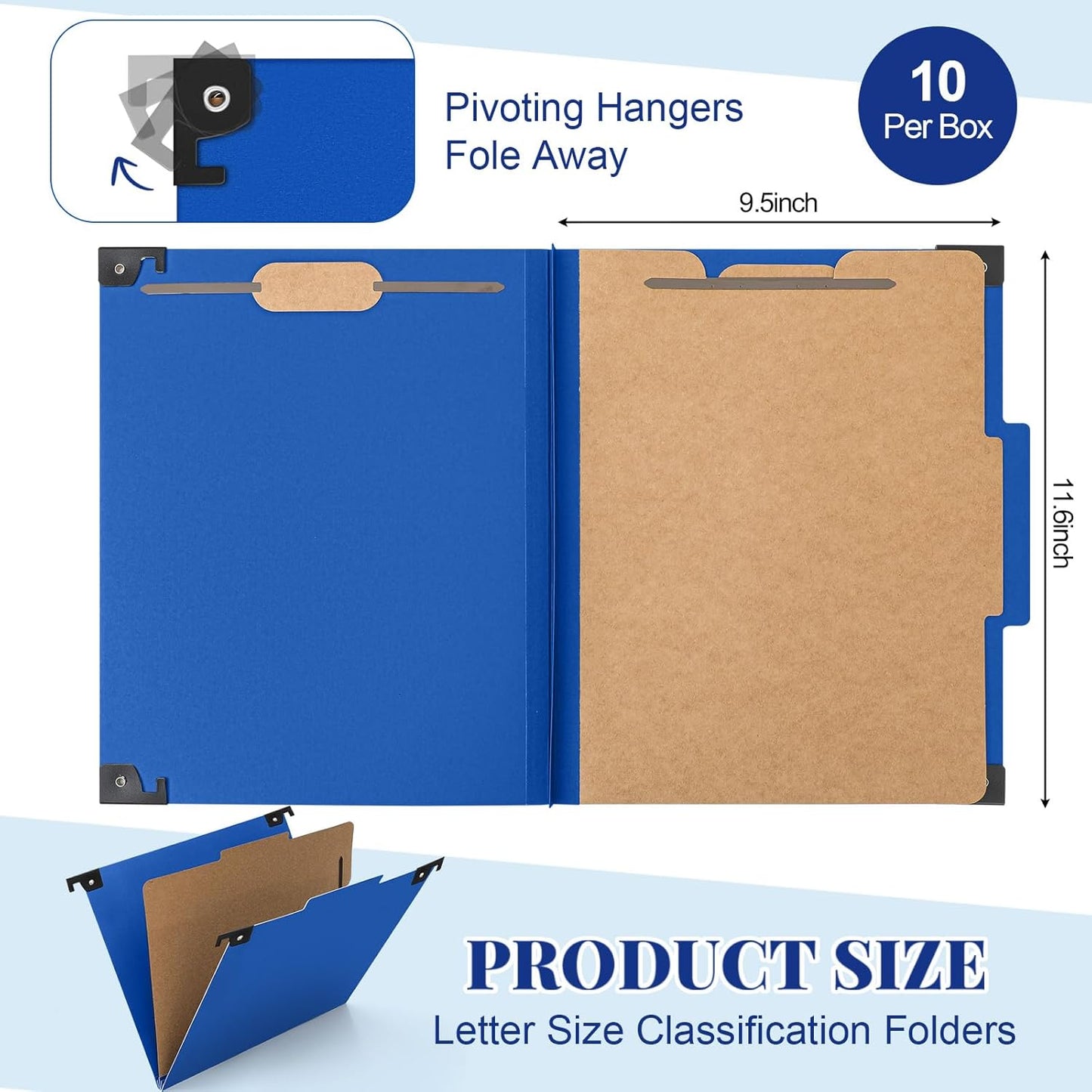 Henoyso 10 Pcs Dark Blue Hanging Classification Folders with Prongs, 1 Divider Letter Size, 1/3-cut with Built-in Hangers for Standard Medical Files, Law Client Files, Office Reports