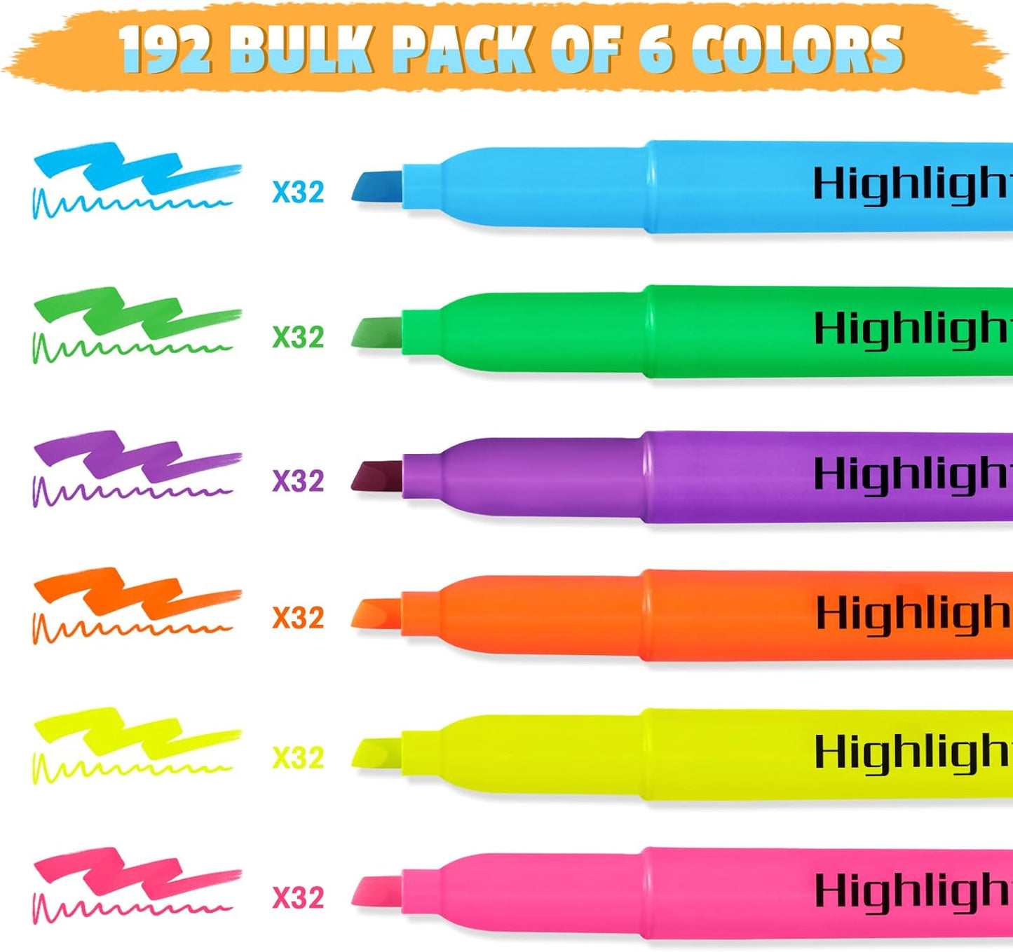 Aigybobo 192 Pack Highlighters in 6 Assorted Colors, Chisel Tip Dry-Quickly Highlighters Bulk, No Bleed Highlighter Markers for Kids Adults, Classroom Teachers Must Haves, School Office Supplies