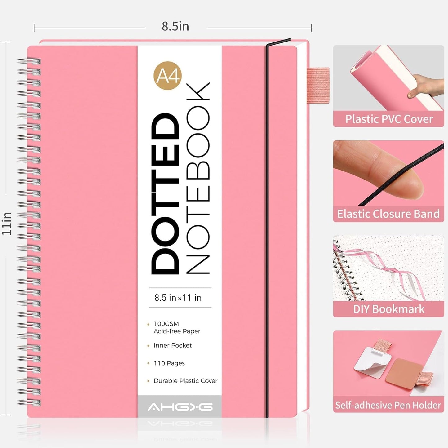 AHGXG Bullet Dotted Journal - Dot Grid Spiral Notebook 8.5" x 11", A4 Large Dotted Notebook, 100 GSM Thick Paper, Waterproof Plastic Cover Journals for Bullet Journaling, Sketching, Pink