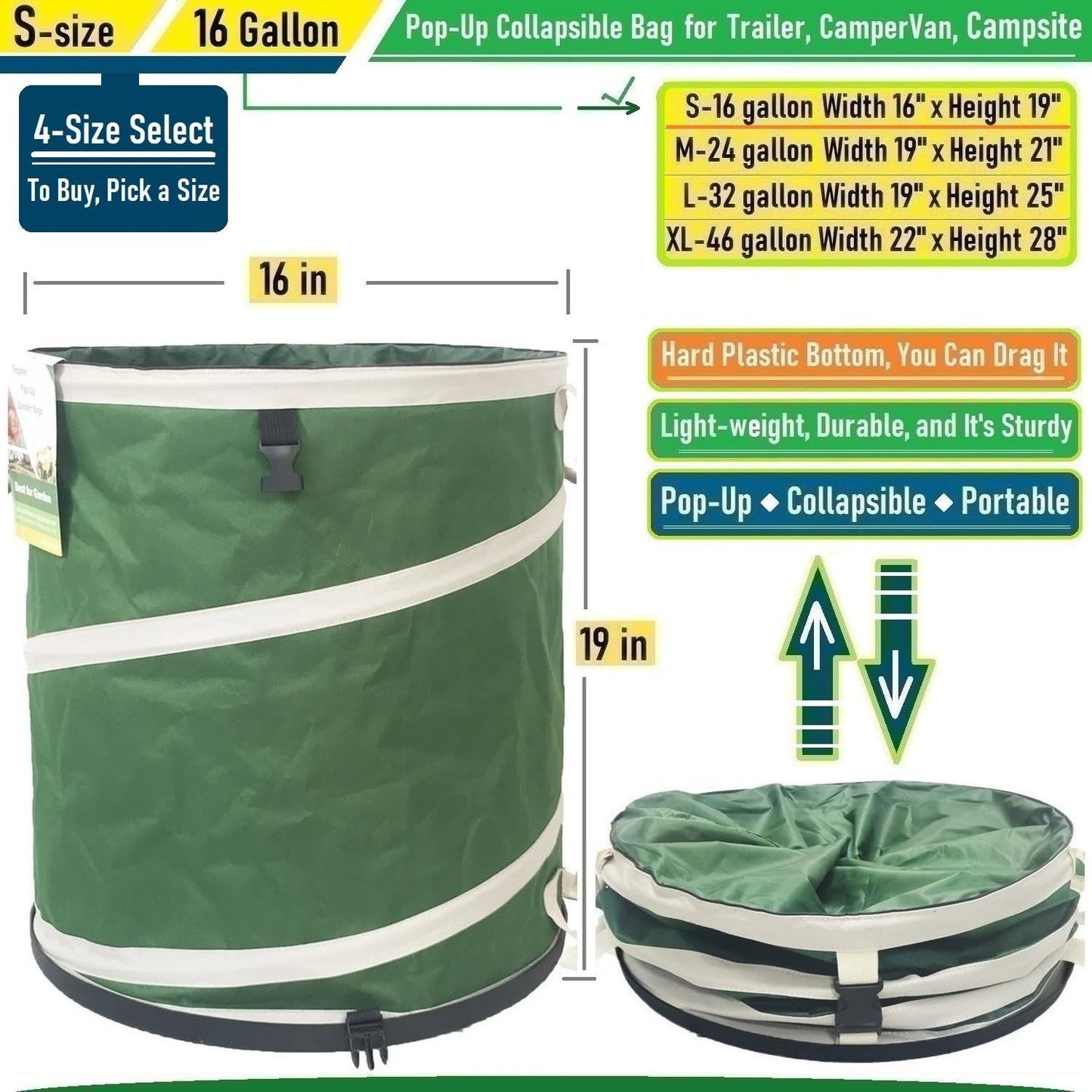 16-Gallon Collapsible Trash Can (16x19 in) Hard-Shell Bottom Yard Garden Bag for Pop-Up Trash Can,Recycling Bin,Yard Waste Container,RV Camping Waste Bin,Laundry Hamper,Lawn Grass,Leaf Bag,Weed Basket