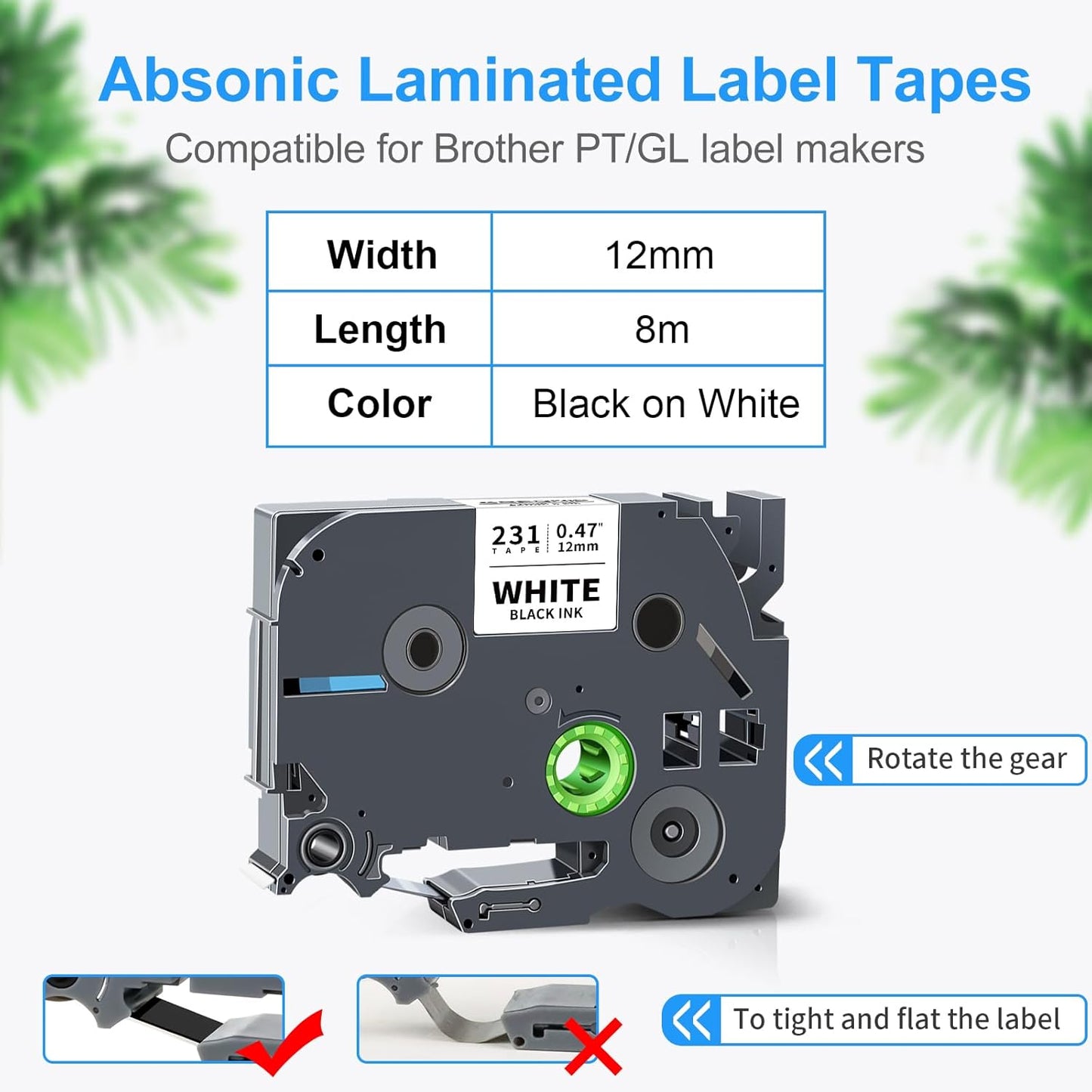 Absonic 12mm 0.47 Laminated White Tz-231 Tape Compatible for Brother Tze-231 Tze Tape 1/2 Inch Refills Work for P Touch Label Maker PTD220 PTD210 PTH110 PTP710 PT-610BT PTD400, Black on White, 6 Pack