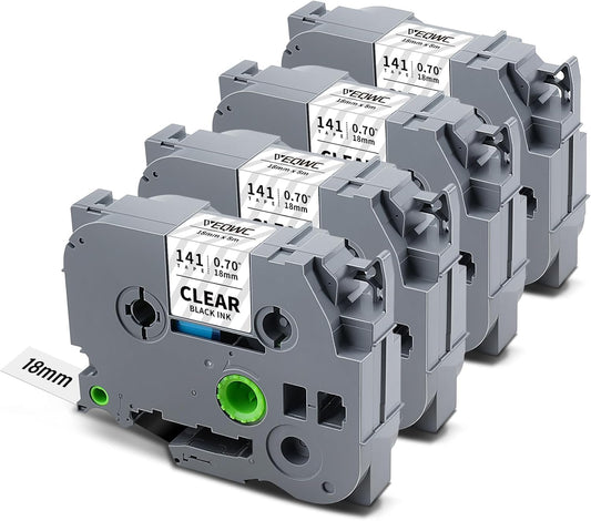 TZe-141 18mm 0.7 Laminated Clear Tape Compatible for Brother TZe141 Tz-141 P Touch 3/4" TZe TZ Tape for Brother Ptouch PT-D610BT PT-D400 PT-D600 PT-D410 PT-D460BT Label Maker, Black on Clear, 4-Pack