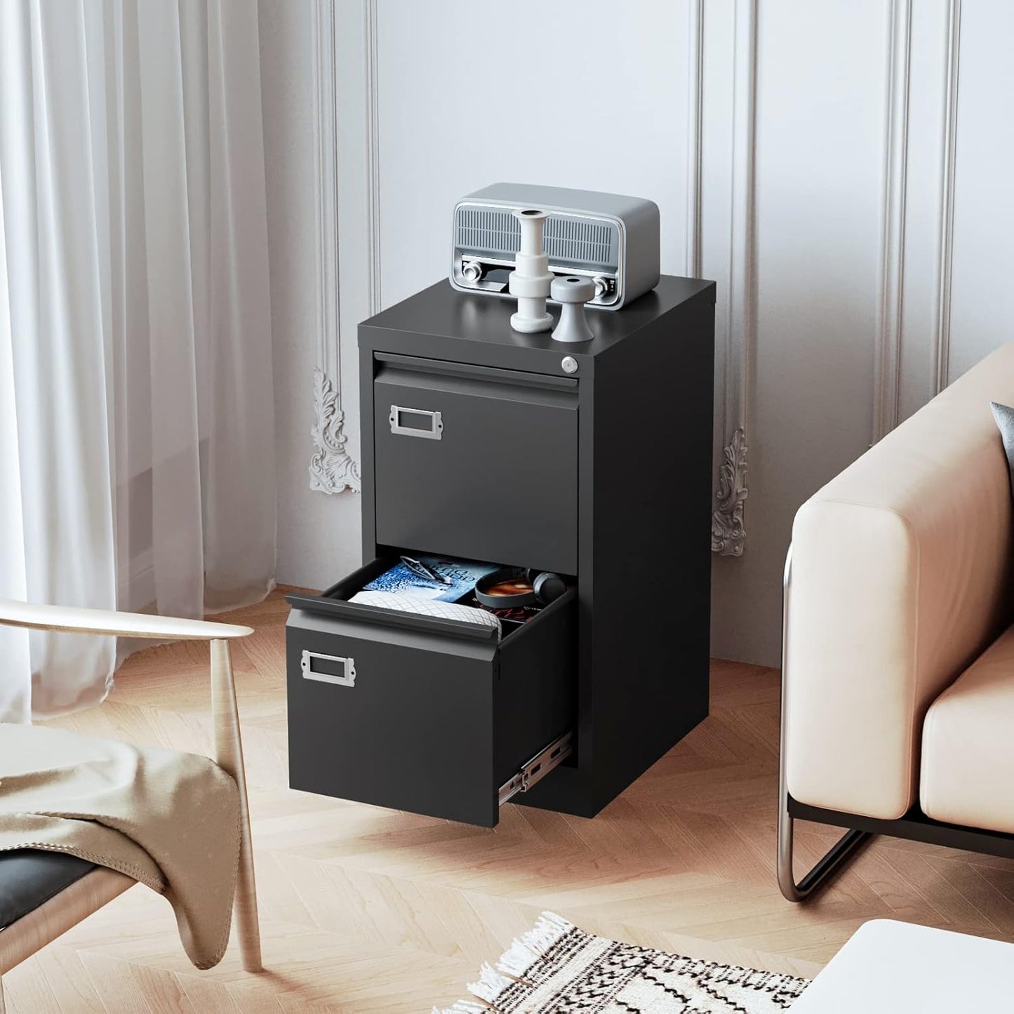 2 Drawers Vertical File Cabinets - 17.8" Deep Lockable Filing Cabinet - Black Metal Storage Cabinets for Home Office to Hanging Files Letter/Legal/F4/A4 Size