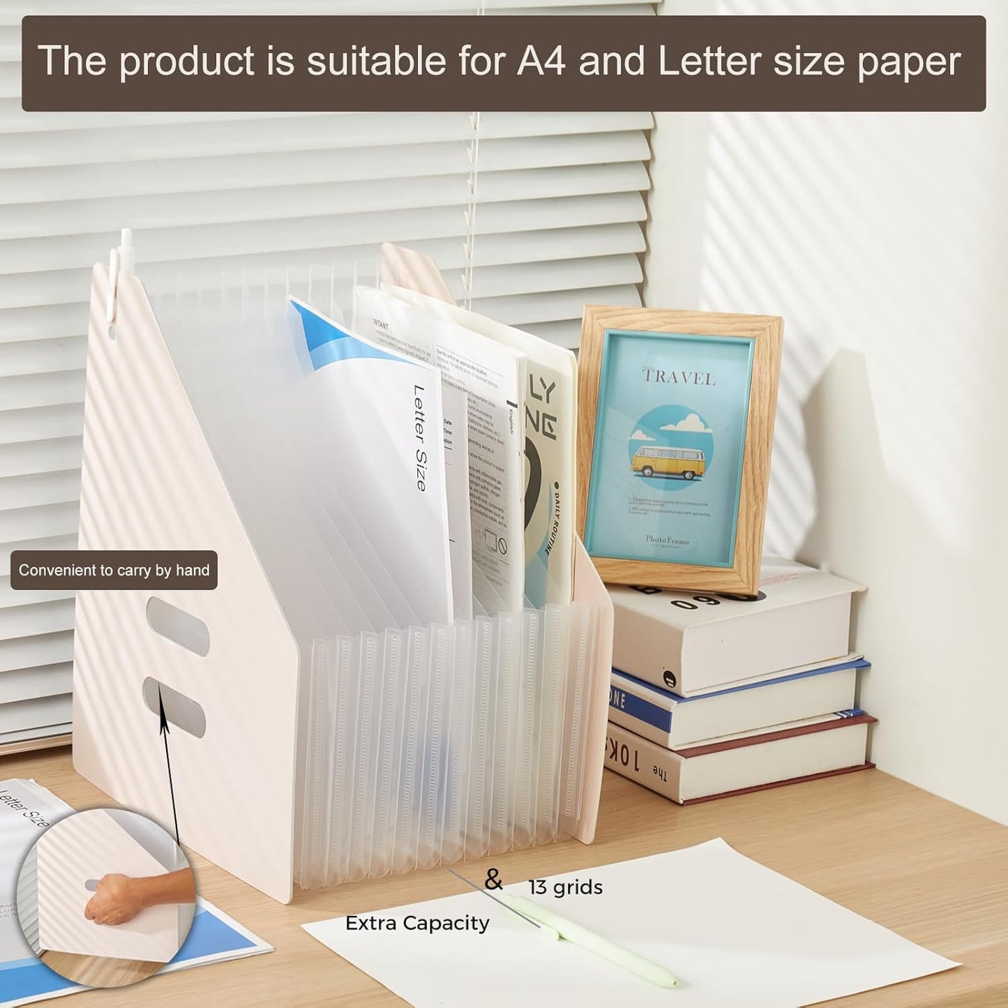 2-Piece Vertical Accordion Folder Manager, 13 Grid Expansion Pages, Vertically Opened Storage Bag for organizing Materials, School, Home, and Office letterhead, Gray