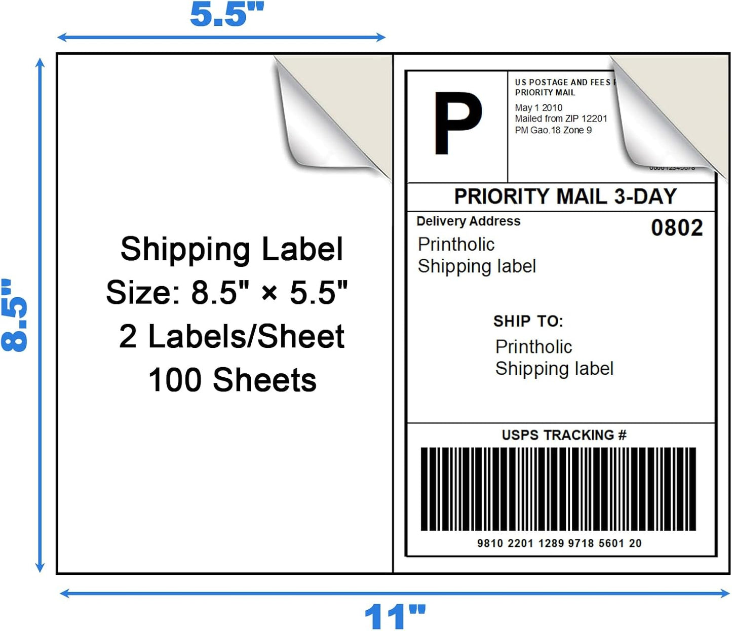 200 Half Sheet Self Adhesive Shipping Labels 8.5" x 5.5" Compatible with for Laser & Inkjet Printers - 100 Sheets, 2 Labels Per Page