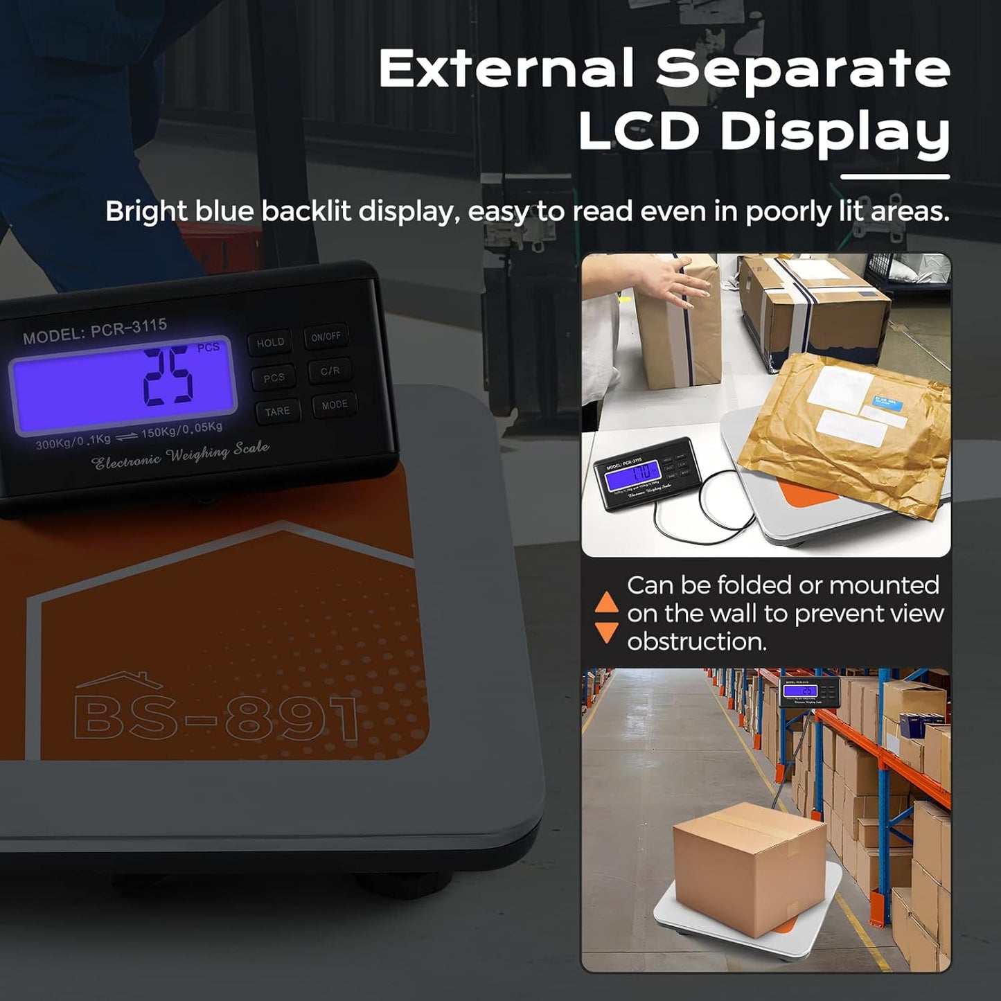 Bonvoisin Postal Scale Digital 300kg/ 660lb Parcel Shipping Scale kg/oz/lb Switchable, Heavy Duty Package Scale for Weighing Boxes/Luggage with Stainless Steel Platform 4 AA Batteries & Power Adapter
