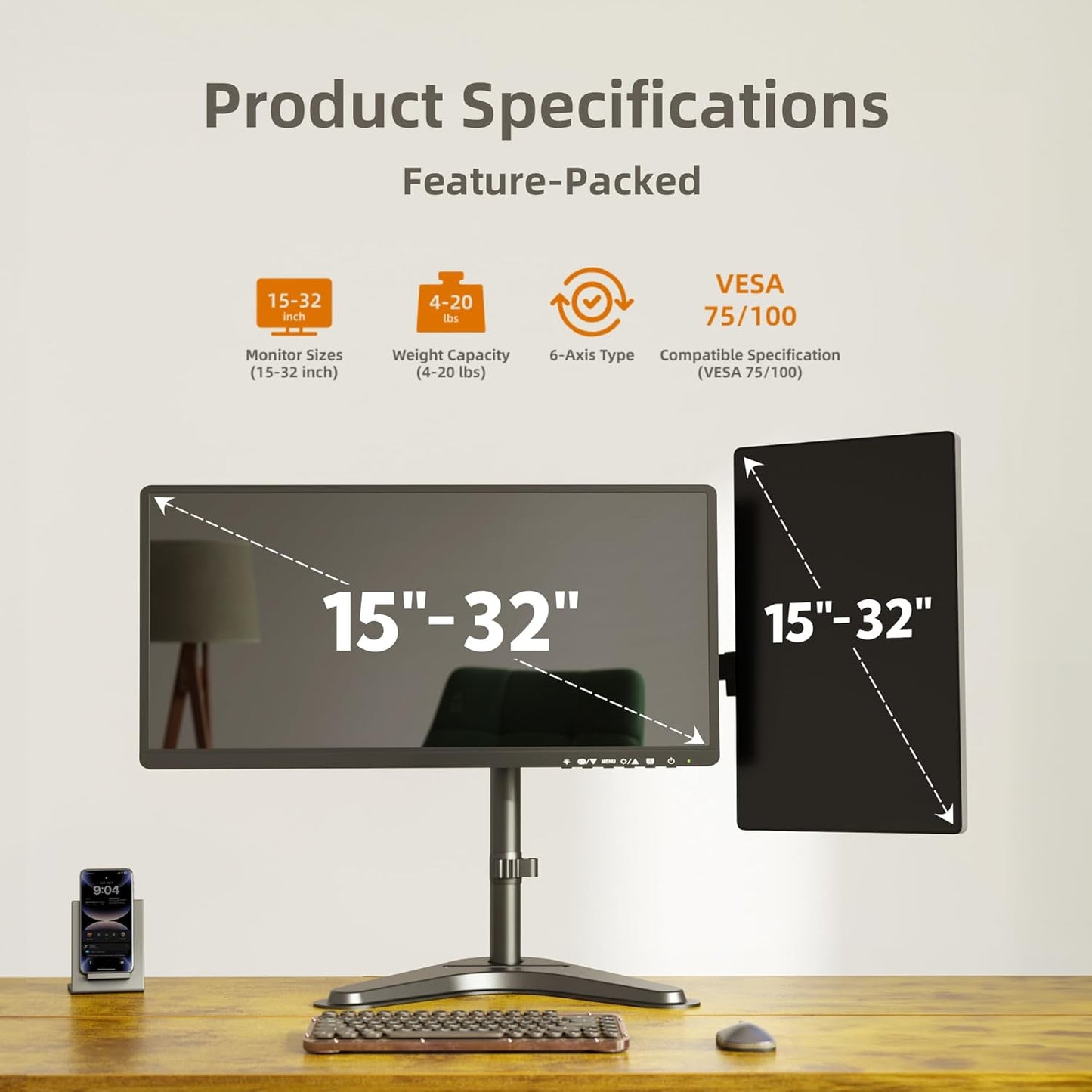 Claiks Dual Monitor Mount, Ergonomic Adjustable Monitor Arm for Max 32 inch Screens, Adjustable Computer Monitor Stand up to 40 lbs, VESA Mounting Holes 75&100mm, Black