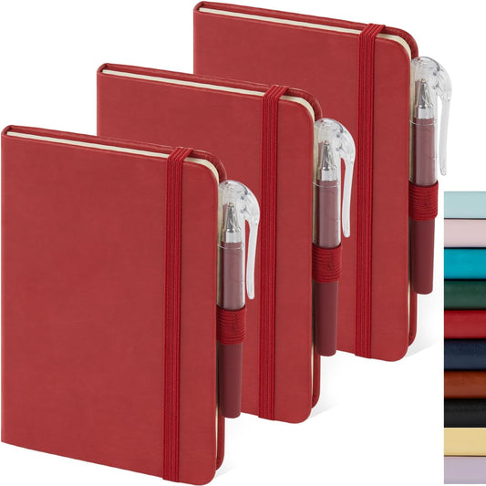 Small Leather Notebook Journal Notepad with Pen for Writing Women, Mini Pocket Small Notepad Lined Address Note Book Note Pads for Work Travel, Red Waterproof Leather Cover Notebook