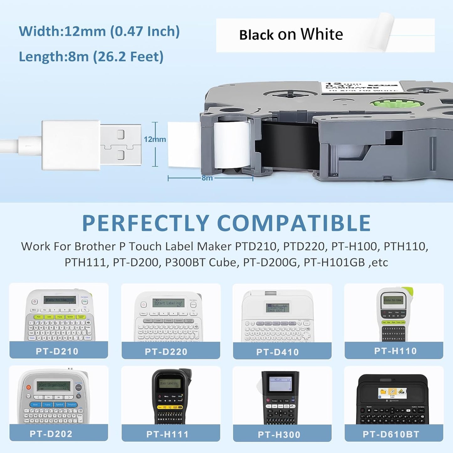 TZe TZ Tape 12mm 0.47 Laminated White Replacement for Brother P Touch TZe-231 TZC-231 P Touch Label Tape Refill Work for Brother P-Touch Label Maker PT-D210 PT-D220 PT-H110 PT-D600 PT-D400, 8m 26.2ft