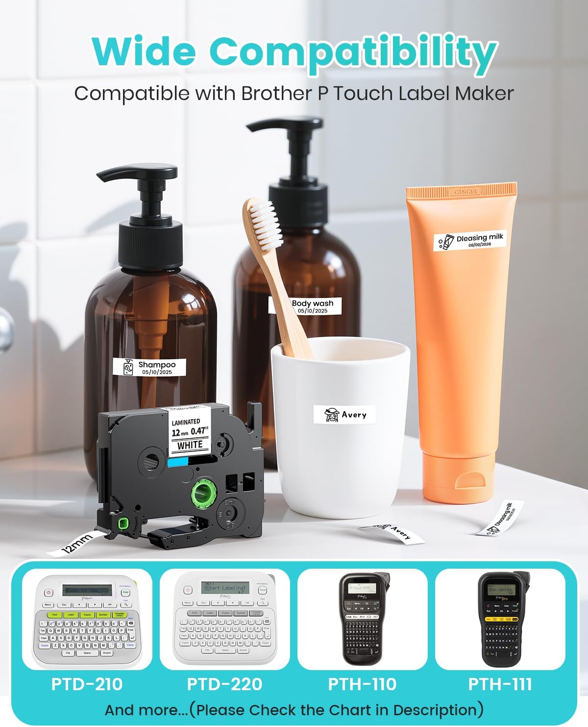 Airmall 12mm .47 Laminated White Tz Tape Compatible with Brother Label Maker Tape Refill TZe-231 TZe231 Replace for Brother P Touch D210 D200 D400 1280 1290 1880, Black on White 1/2 Inch, 5-Pack