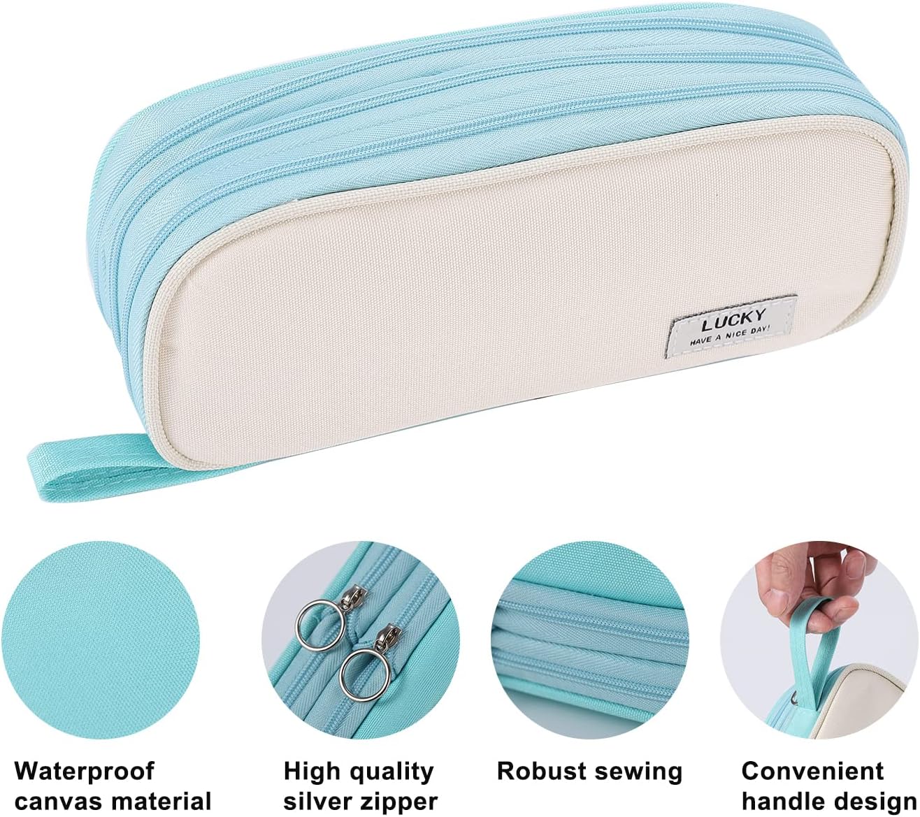Big Pencil Case Zipper Pencil Pouch Organizer Large Capacity Pen Bag with Handle Portable for Girls Kids Adults Gift Pen Case for School Home Office Light-blue