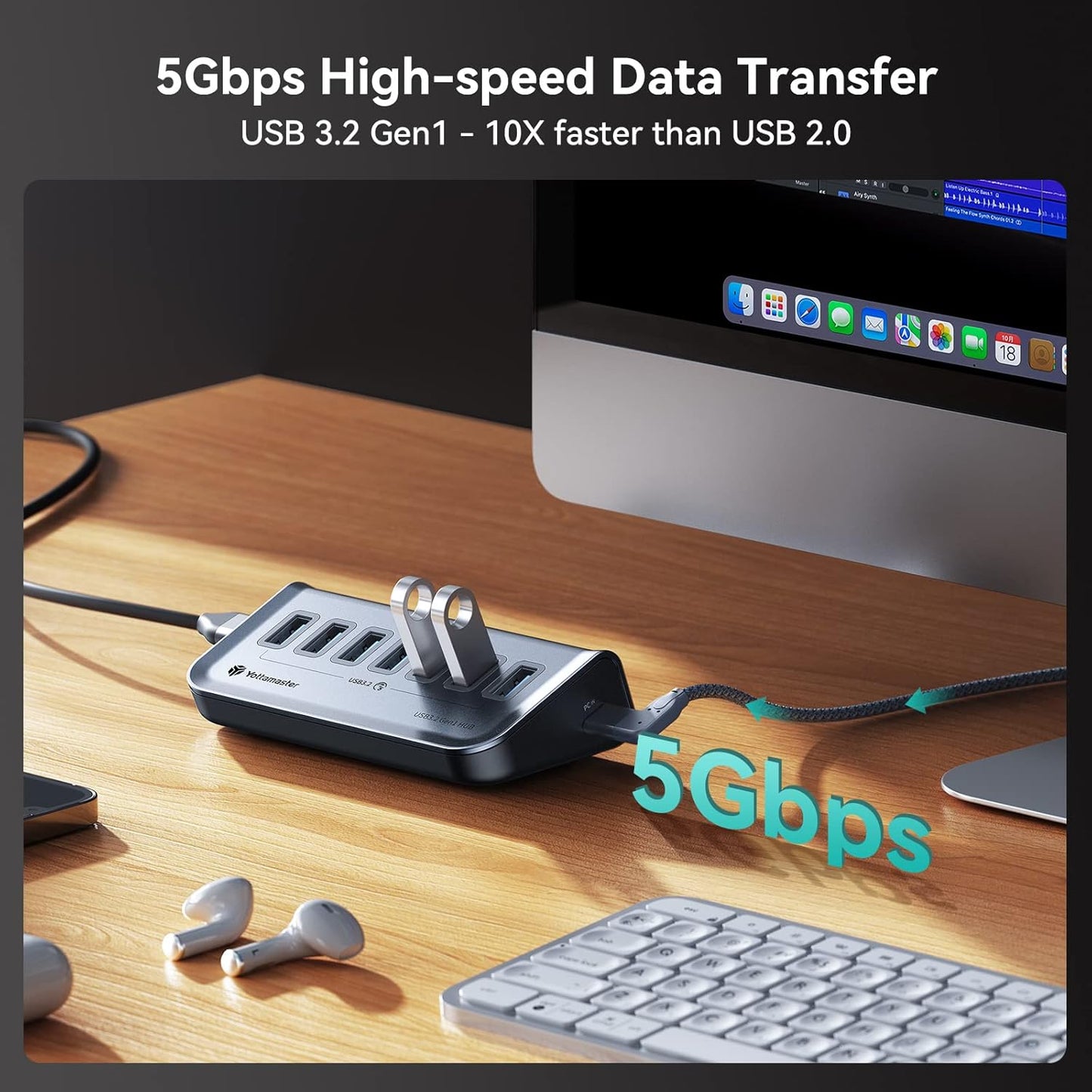 Yottamaster 7 Port USB 3.0 Hub, Data USB Hub Splitter with 3.2ft Cable Compatible with MacBook, Mac Pro, Compatible with Mac Mini, iMac, Laptop, PC, USB Flash Drives, Mobile HDD, Printer (3.2ft)